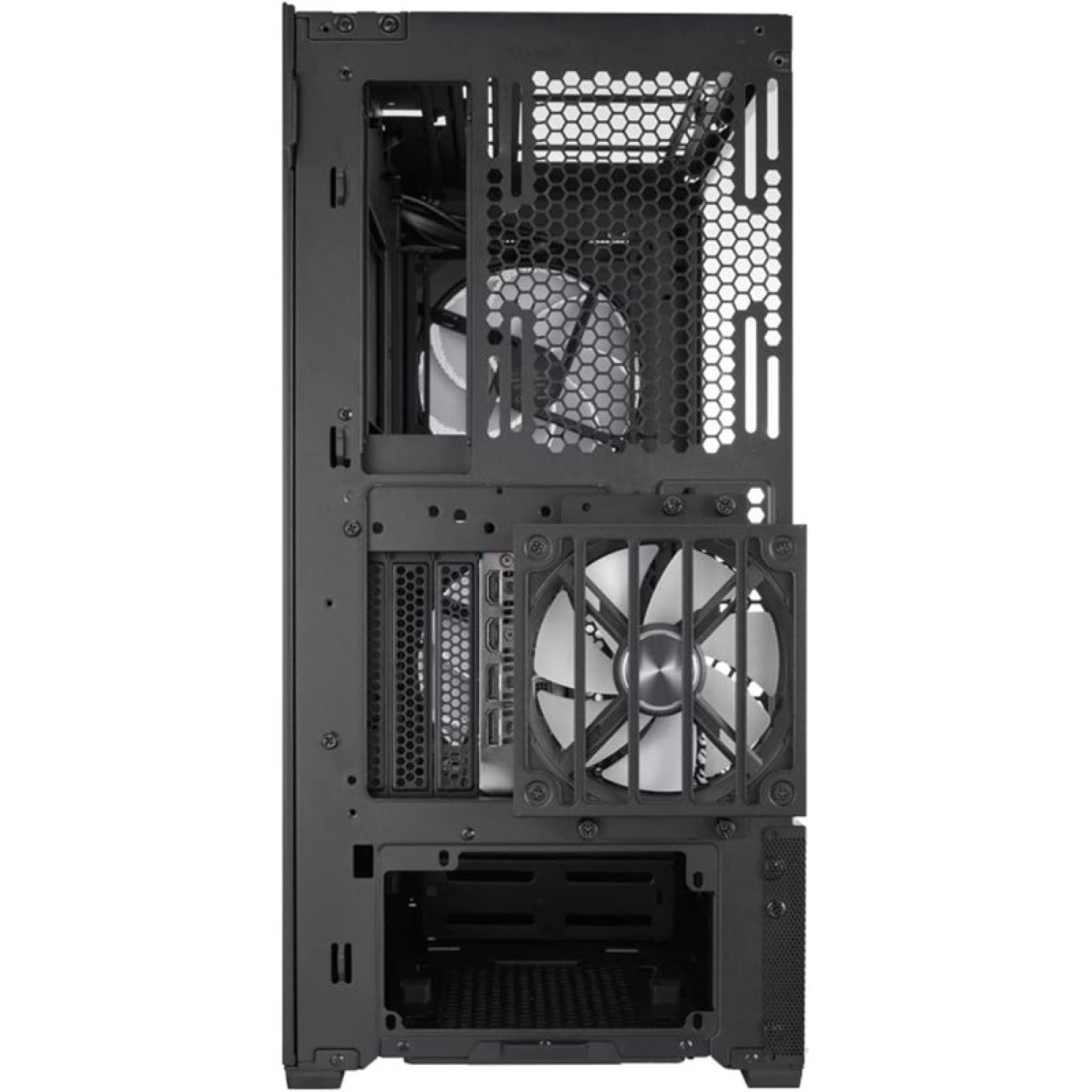 Vista posteriore di un case per PC nero con due ventole bianche e griglia.