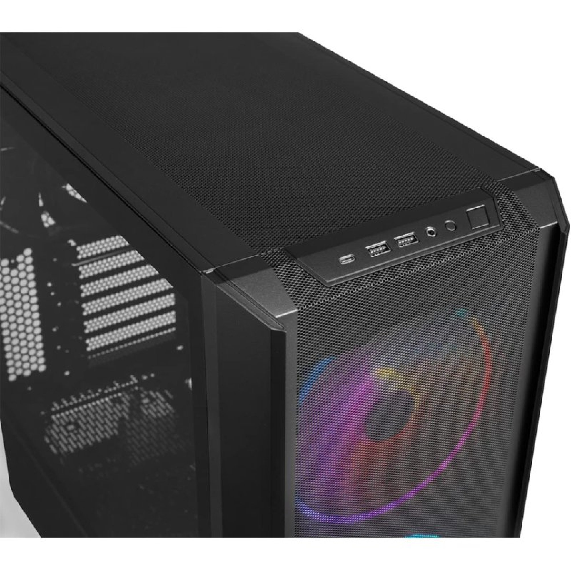 Case per PC in metallo nero con parte superiore in rete e ventola frontale RGB.