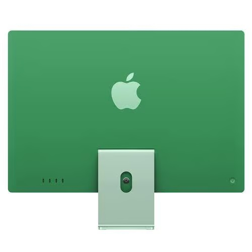 Vista trasera de una computadora Apple iMac verde sobre fondo blanco.