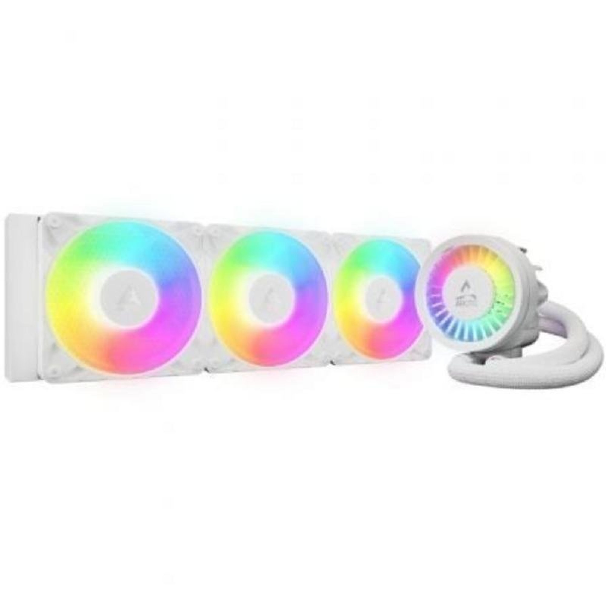Dissipatore a liquido per CPU bianco con tre ventole RGB e blocco pompa luminoso.
