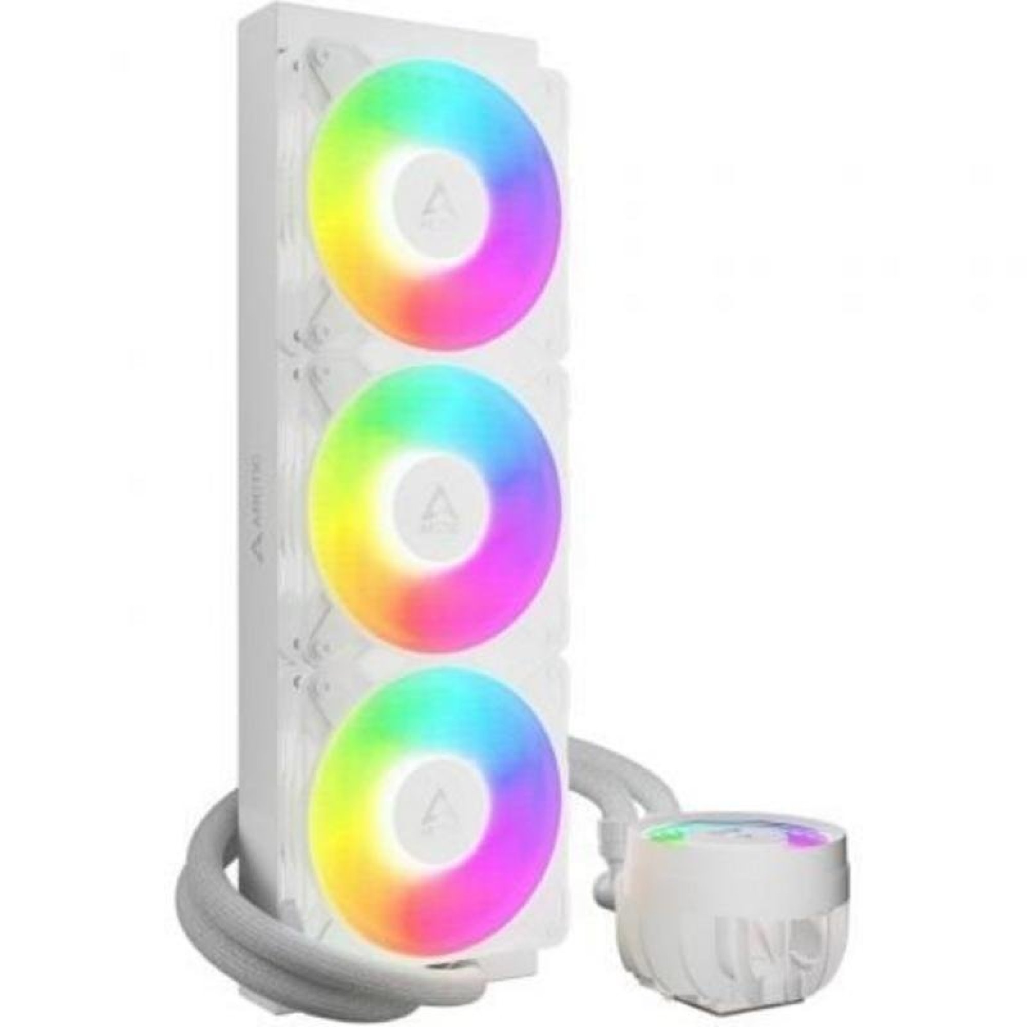 Dissipatore liquido bianco per CPU con tre ventole RGB illuminate e blocco pompa tondo su sfondo bianco.