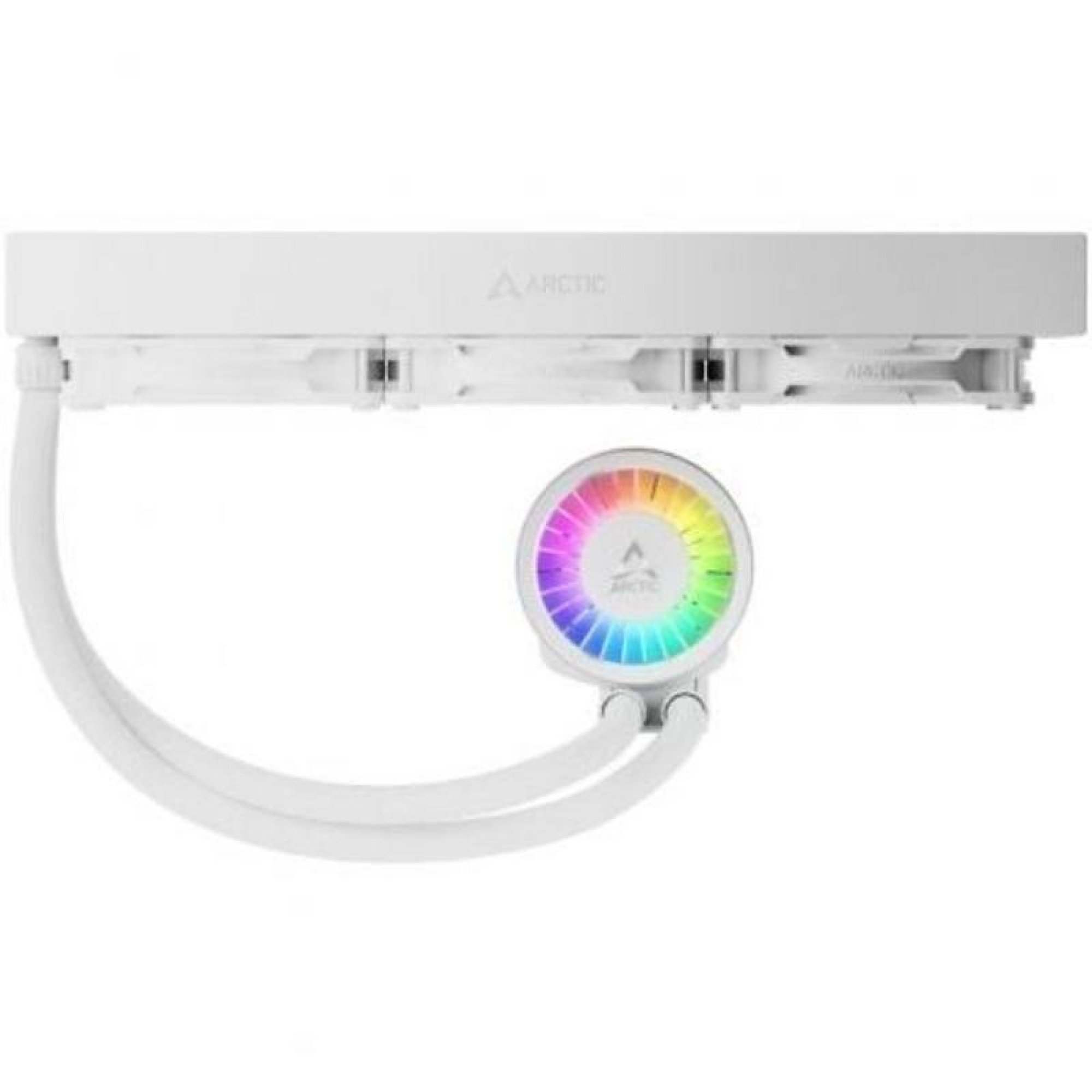 Dissipatore a liquido bianco per CPU con radiatore, tubi e blocco pompa con illuminazione RGB circolare.
