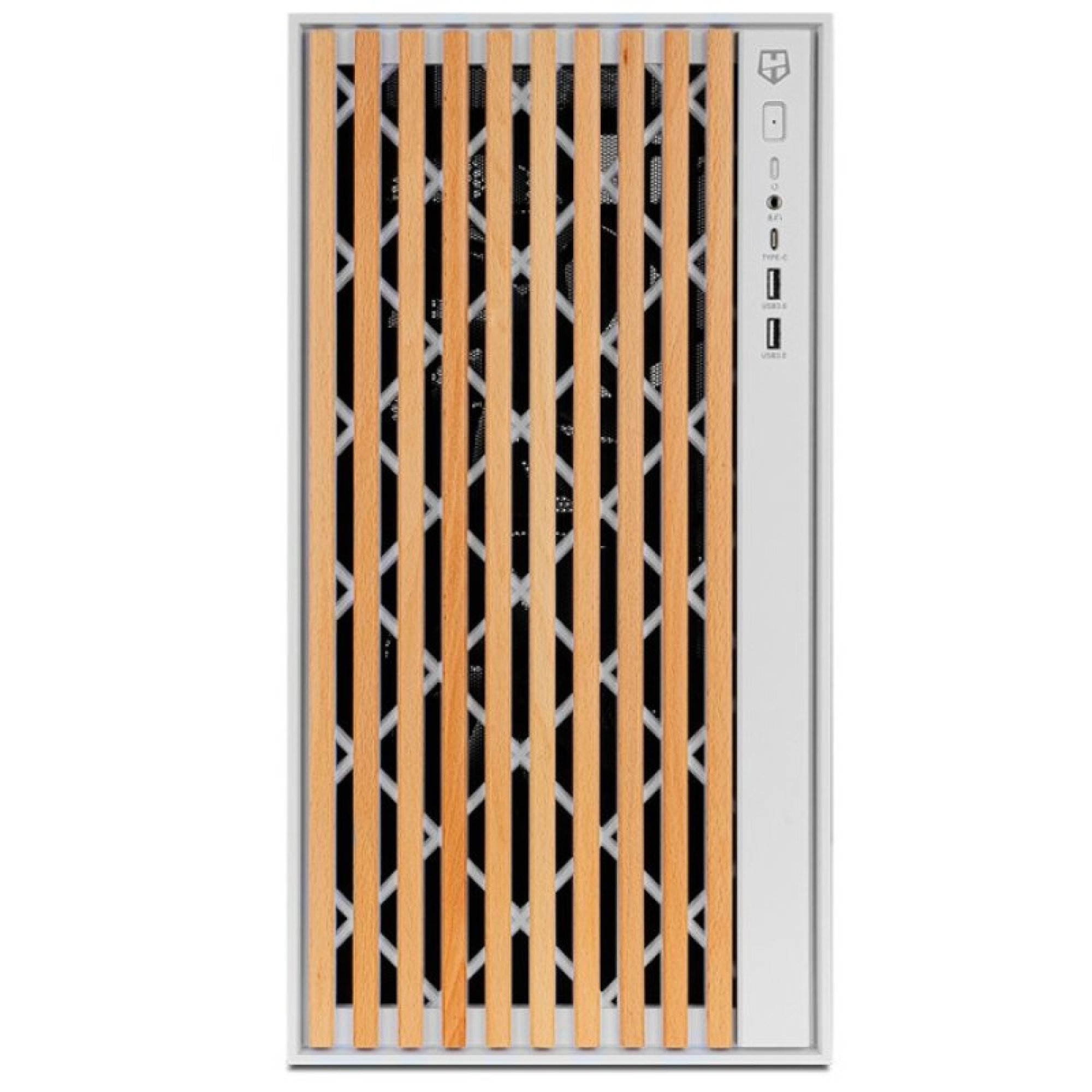 Un case per PC bianco con doghe in legno verticali e porte frontali.