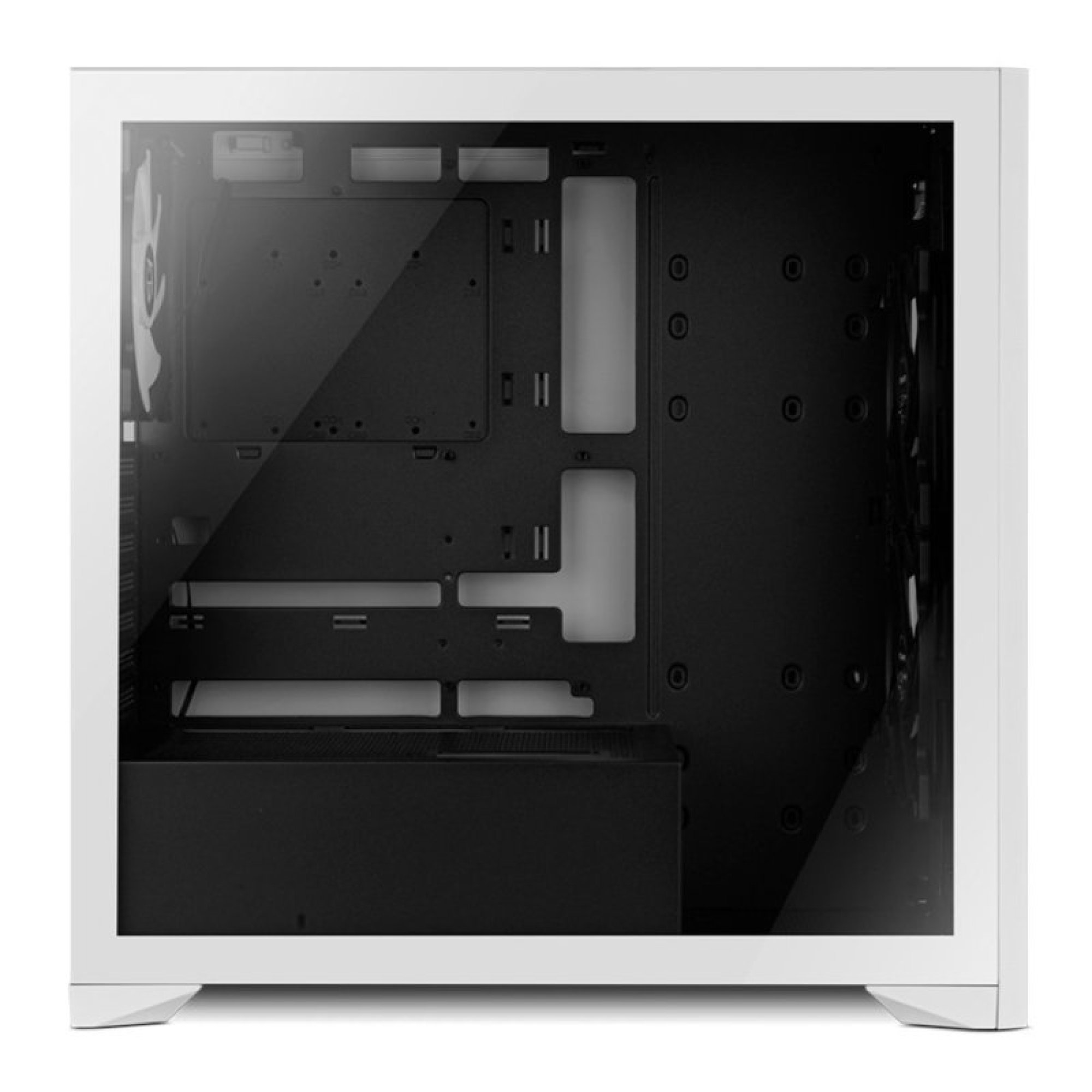 Un case per computer bianco e nero vuoto con pannello laterale in vetro.