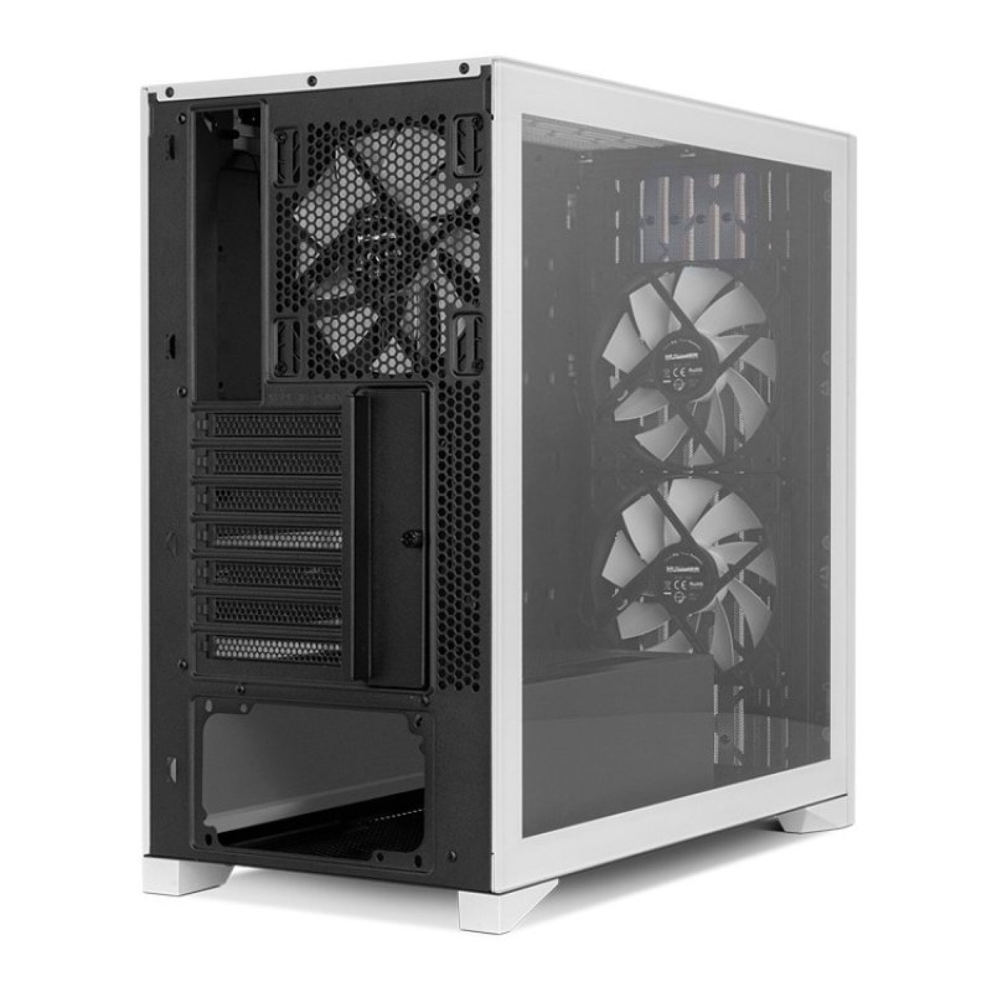 Case per PC bianco con pannello laterale in vetro, ventole interne e interno nero.