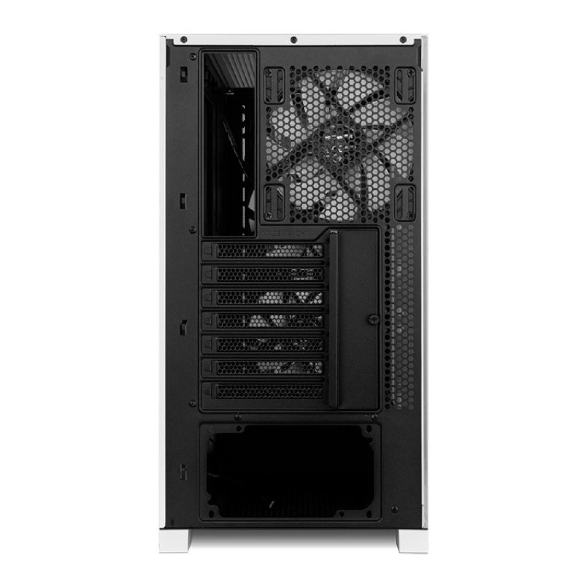 Vista posteriore di un case per computer bianco e nero con ventola integrata e slot.