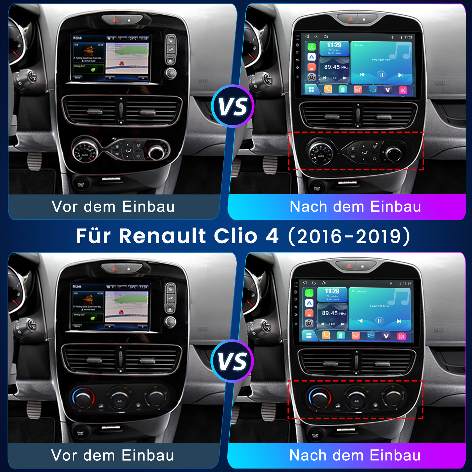 Vergleich der Renault Clio 4 Mittelkonsole vor und nach dem Einbau eines neuen Navigationssystems.