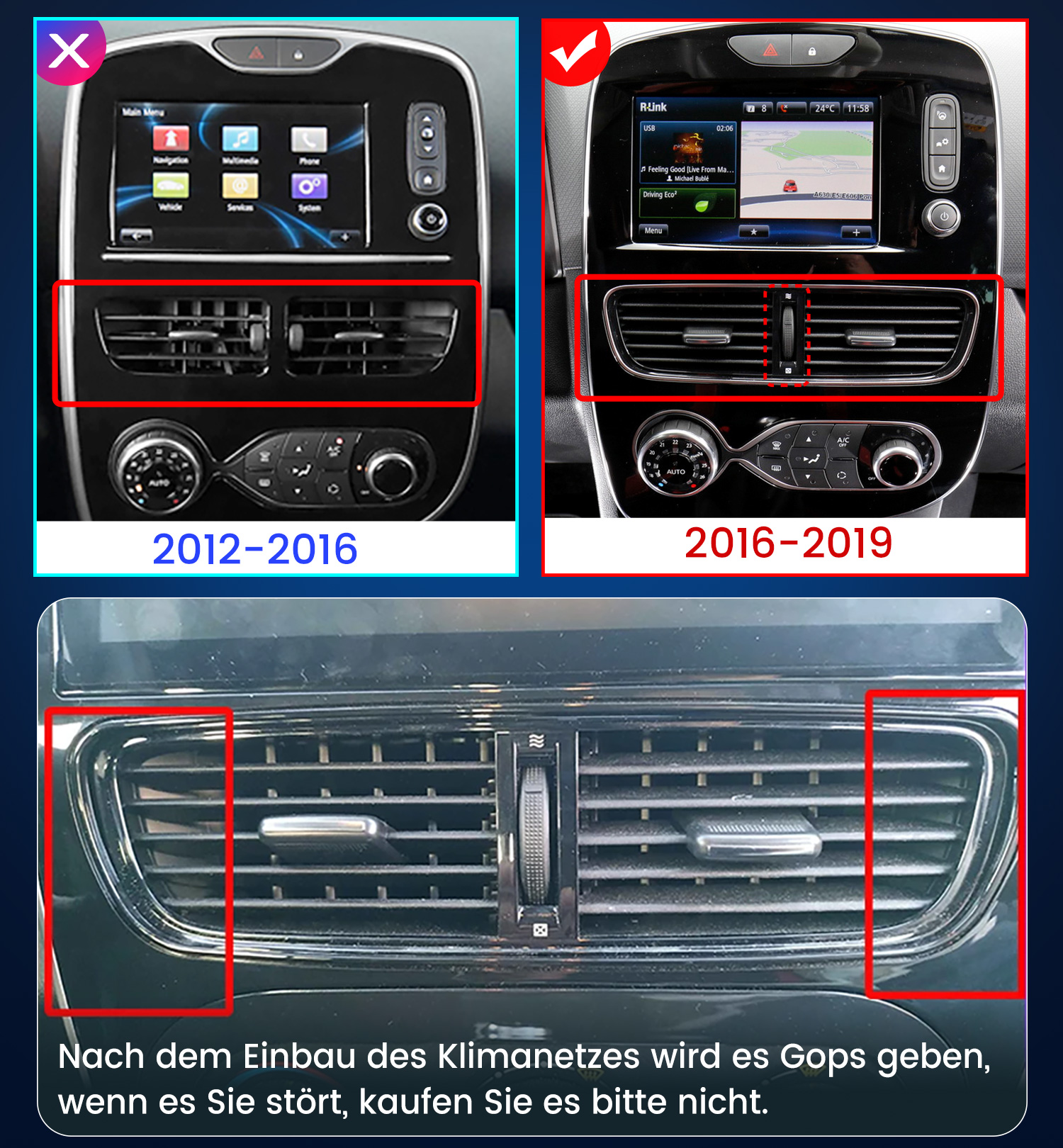 Vergleich von Auto-Armaturenbrettern von 2012-2016 und 2016-2019 mit Fokus auf Klimaanlagenlüftungen.