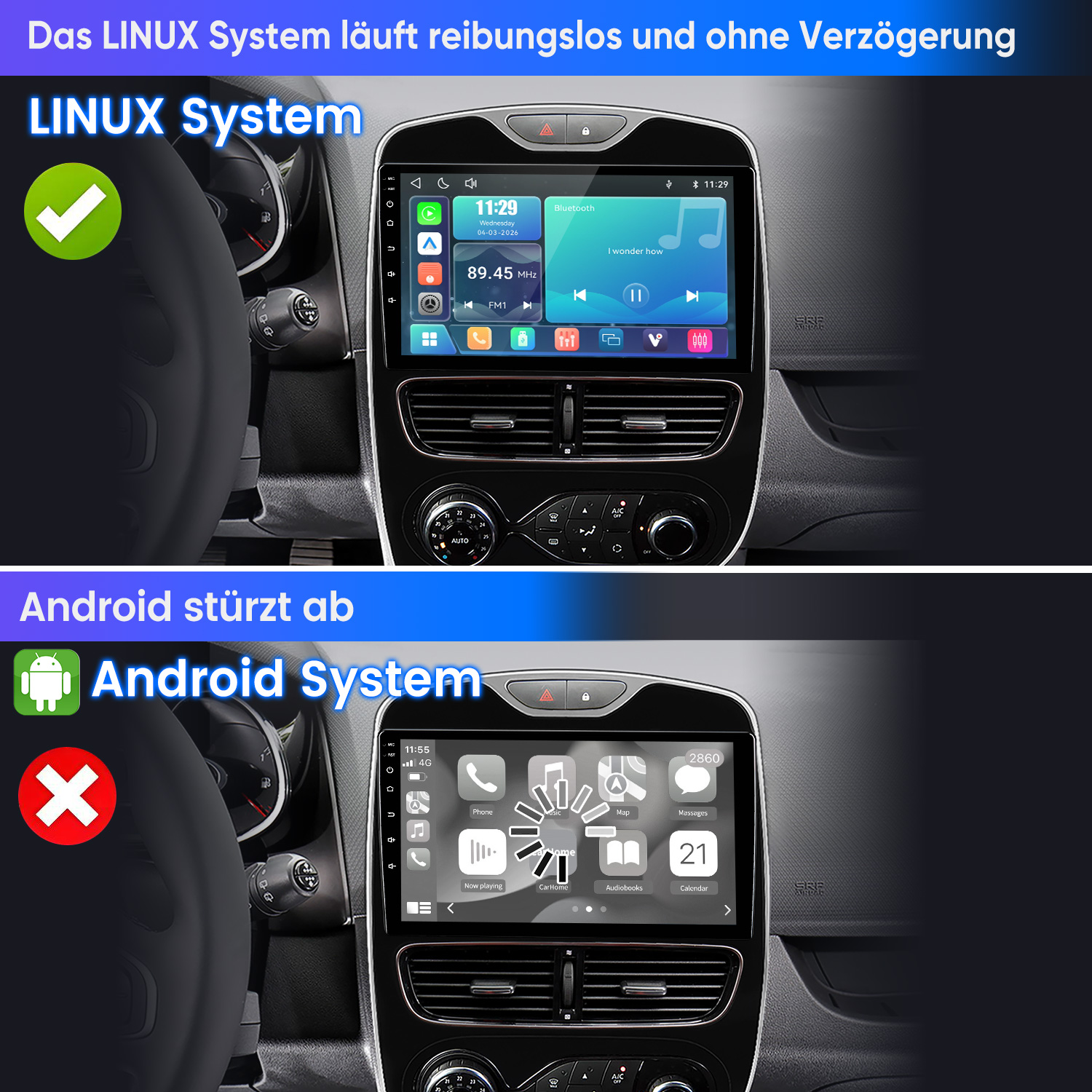 Vergleich zweier Auto-Displays: Linux-System mit reibungsloser UI und Android-System mit Lade-Symbol.