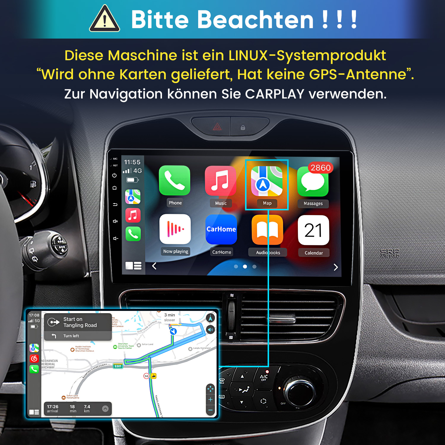 Autoinnenraum mit Linux-Systembildschirm, der Apple CarPlay und eine Kartennavigation anzeigt.