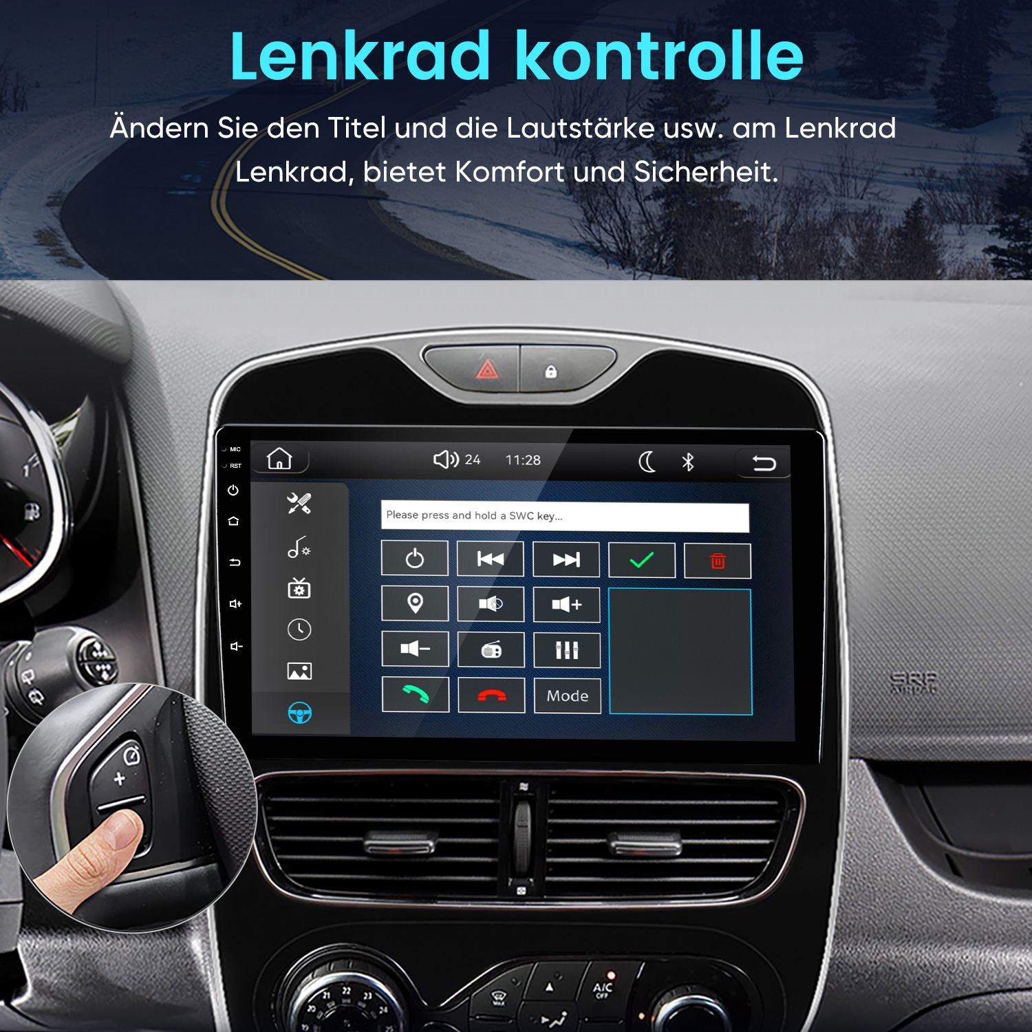 Ein Auto-Navigationsbildschirm zeigt Lenkradtasten-Konfiguration mit einem Einsatz von einem Lenkrad.