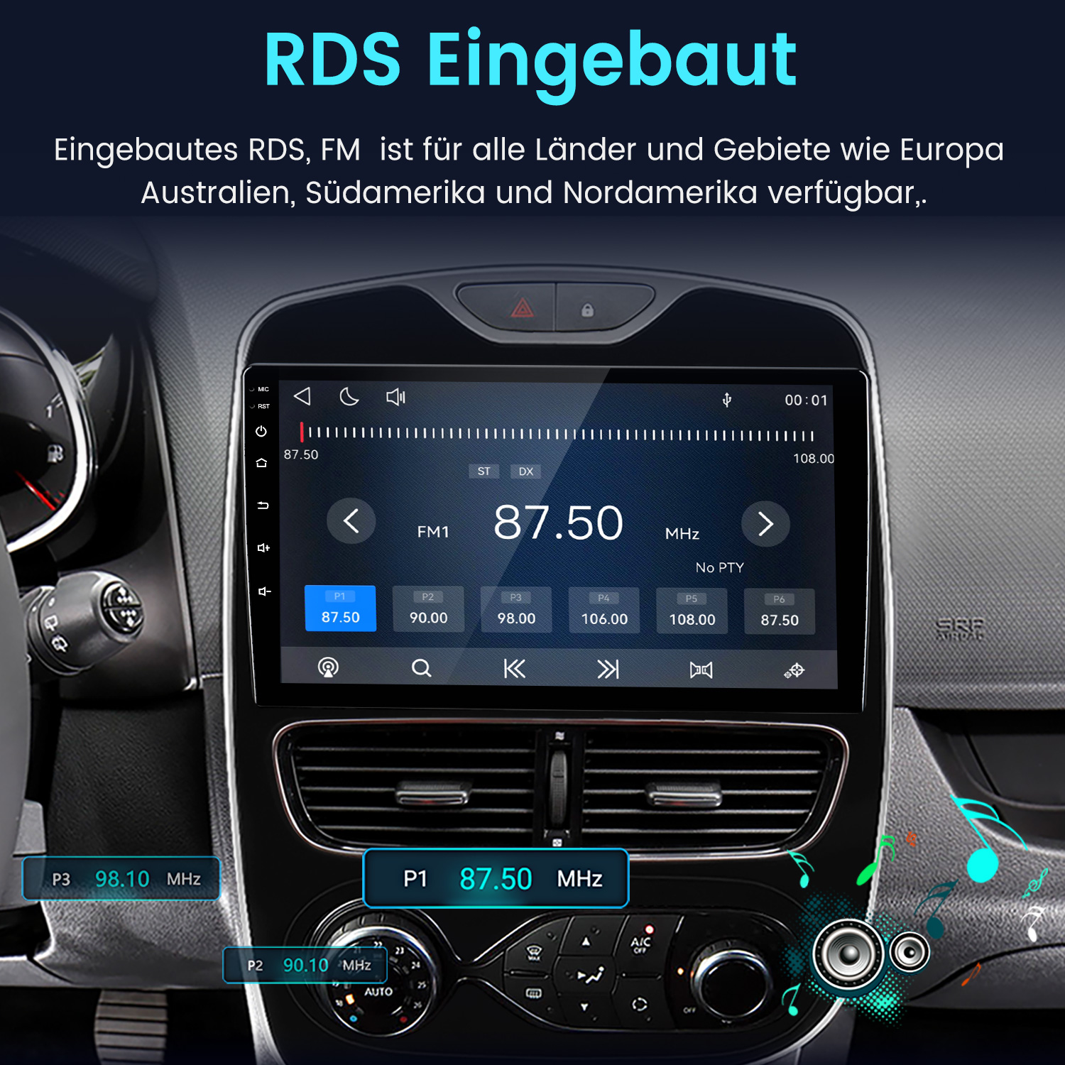Ein Car-Audio-Bildschirm zeigt die FM-Radiofrequenz 87.50 MHz an, integriert in ein modernes Armaturenbrett.