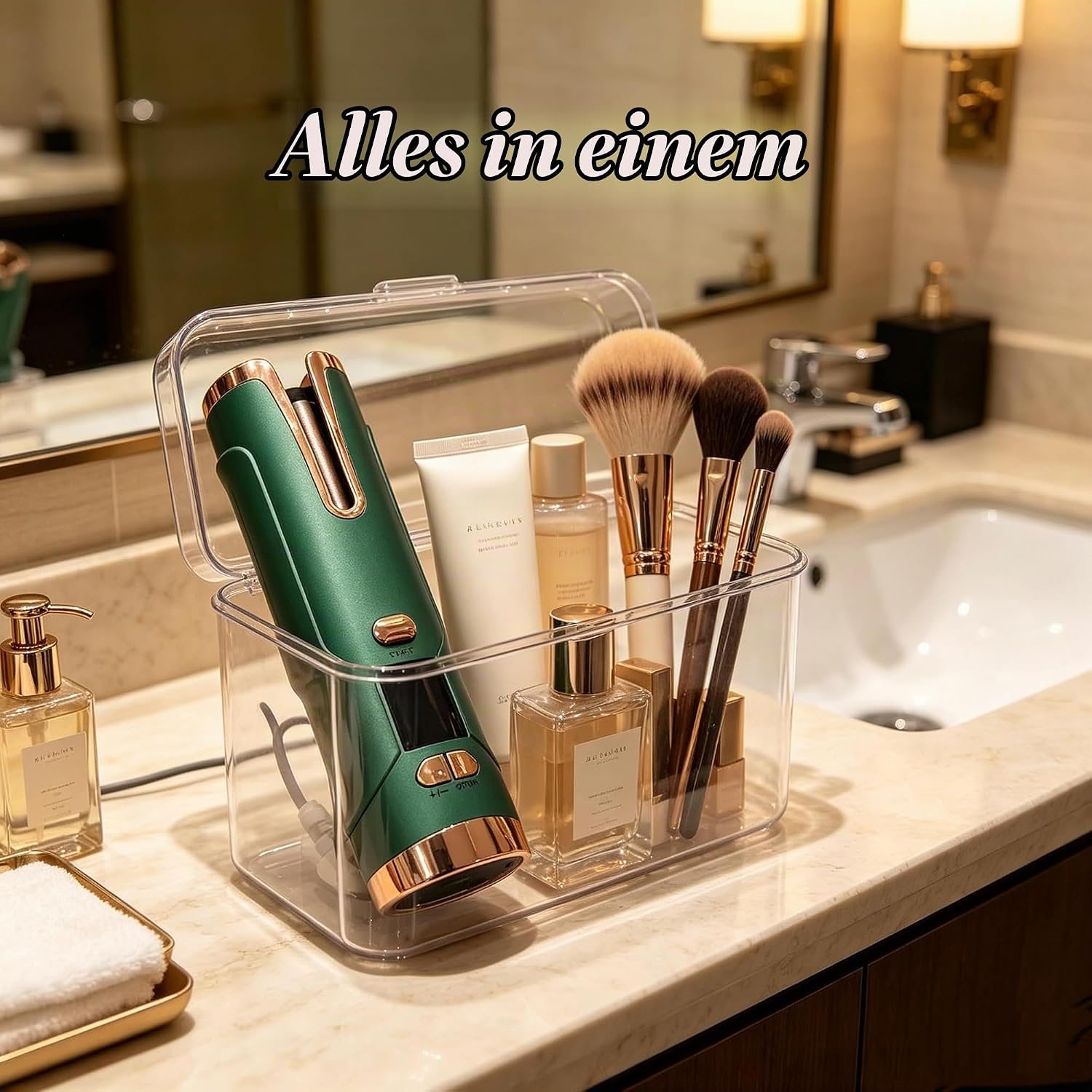 Transparente Box mit Haarstylinggerät, Make-up-Pinseln und Fläschchen auf einem Badezimmertresen.