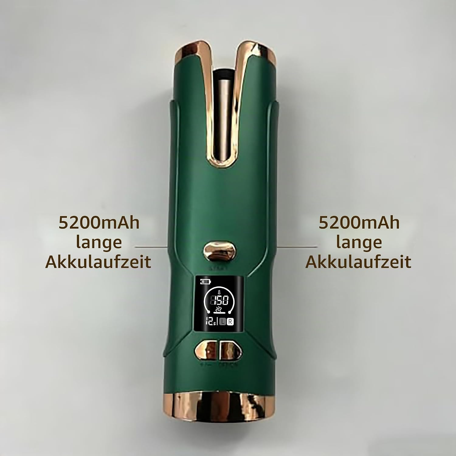 Grüner und goldener automatischer Lockenstab mit digitalem Display und Text über lange Akkulaufzeit.