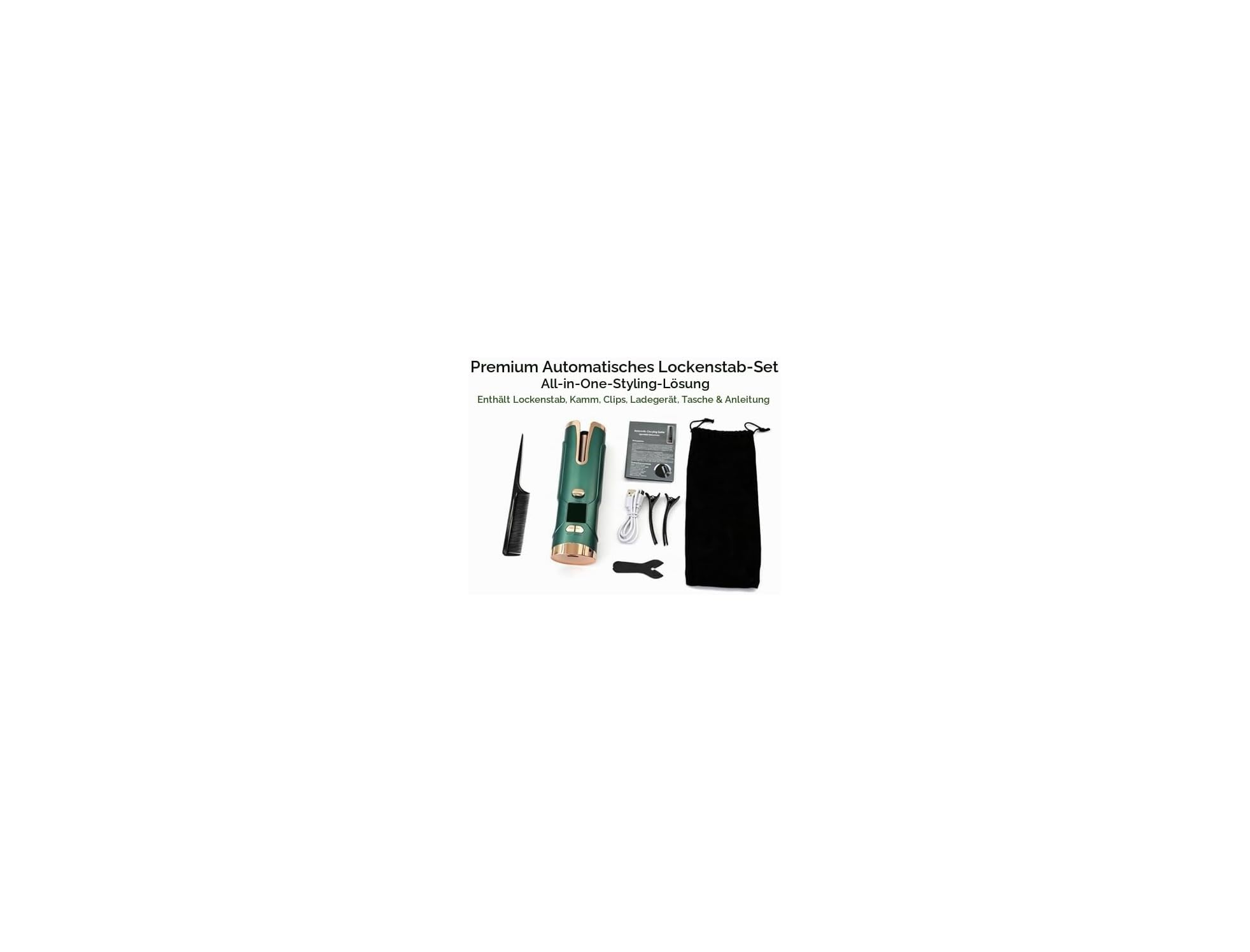 Automatisches Lockenstab-Set in Grün und Gold mit Kamm, Clips, Ladekabel, Tasche und Anleitung.