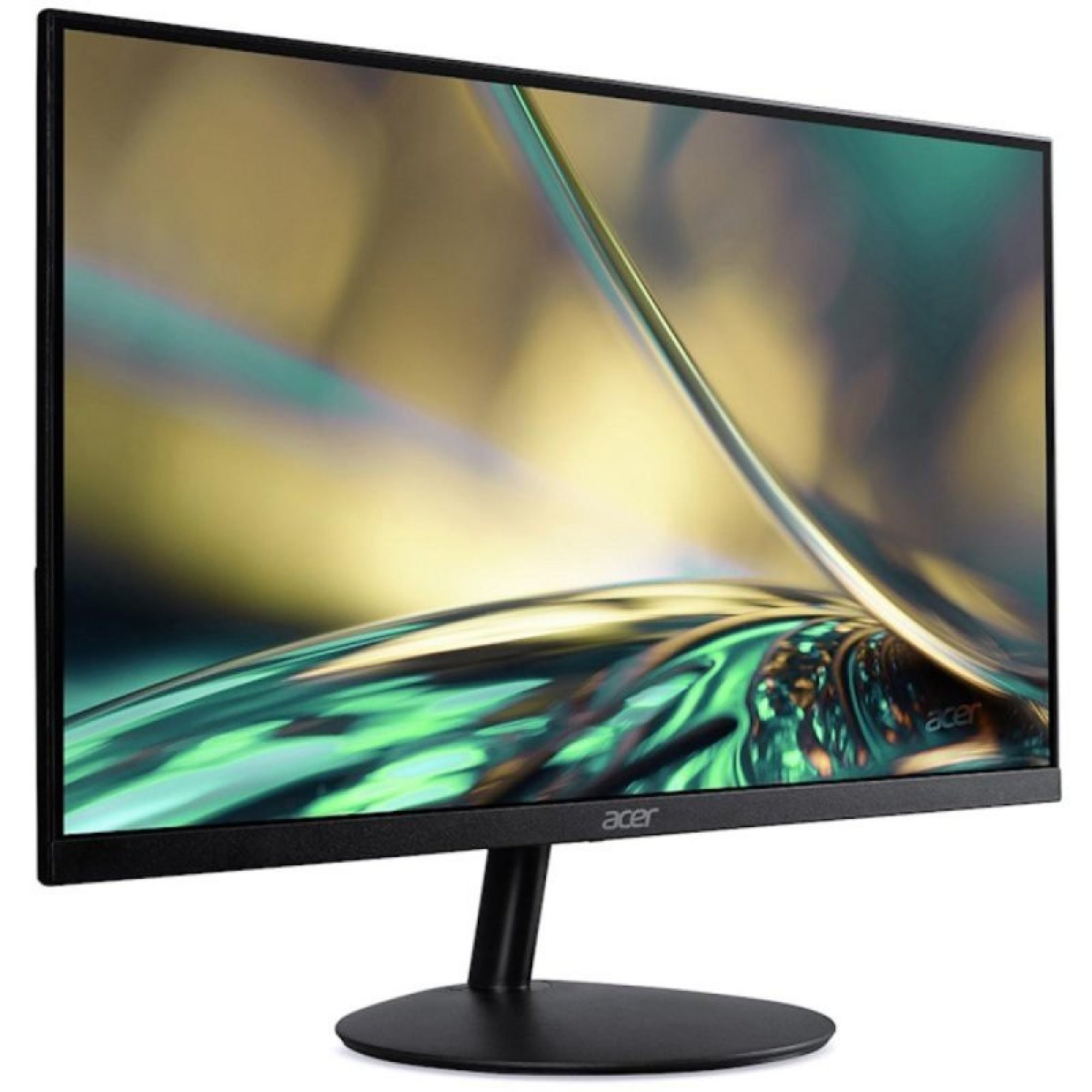 Un monitor Acer nero con cornici sottili mostra un astratto motivo a onde verdi e dorate.
