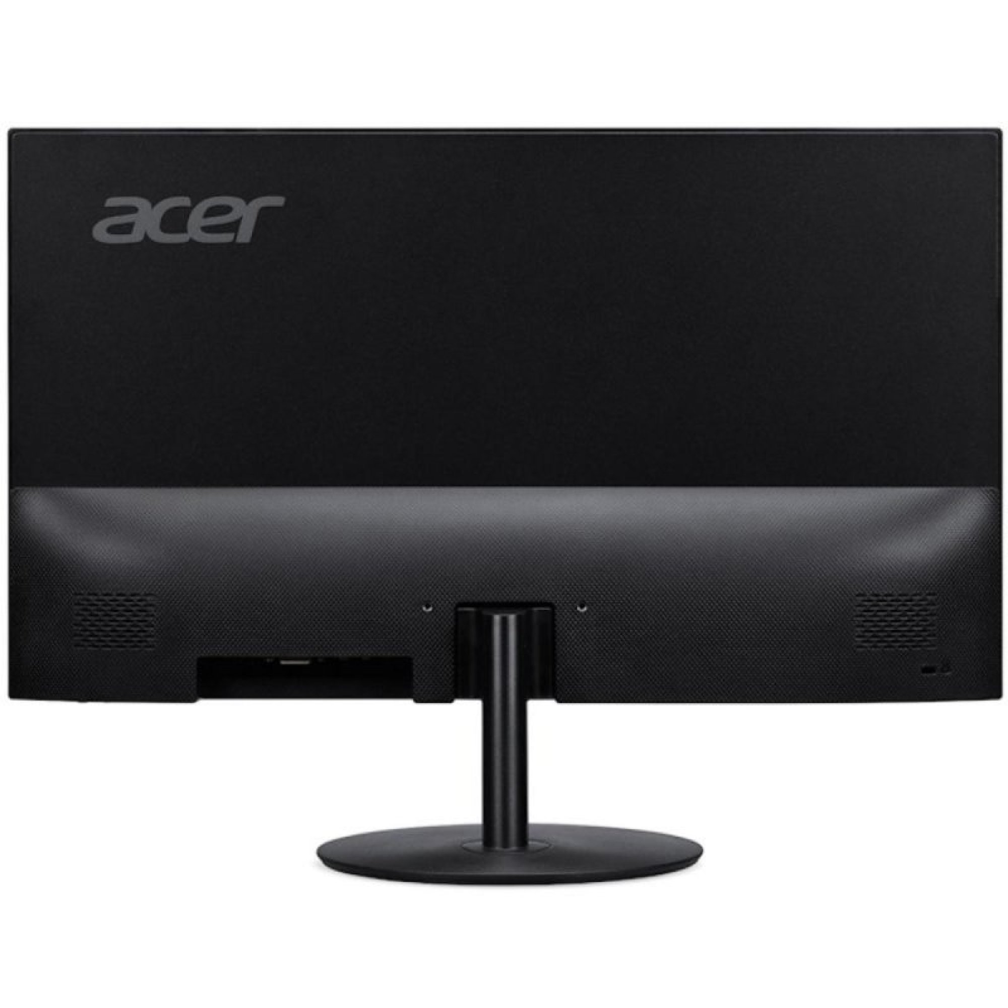 Vista posteriore di un monitor per computer Acer nero con supporto circolare.