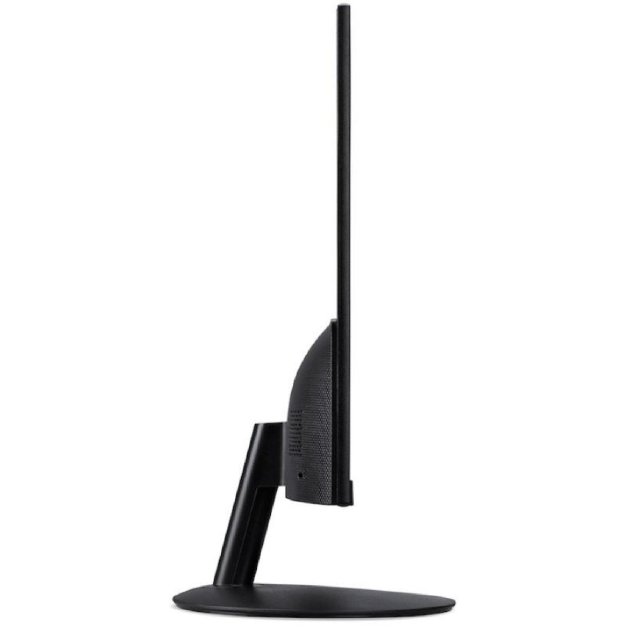 Vista laterale di un sottile monitor per computer nero su una base ovale su sfondo bianco.