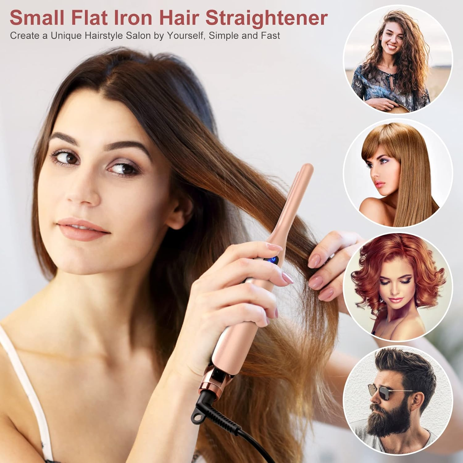 Eine Frau glättet ihr Haar mit einem kleinen, roségoldenen Glätteisen, während runde Inset-Fotos verschiedene Frisuren zeigen.