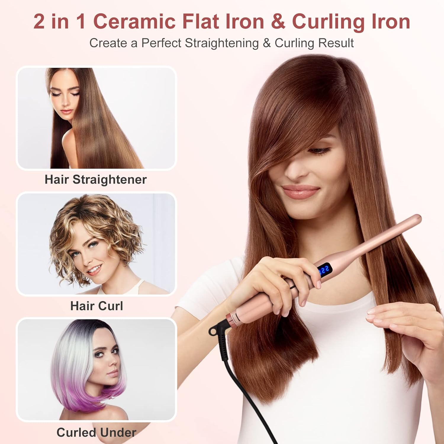 Eine Frau nutzt ein roségoldenes 2-in-1 Glätteisen und Lockenstab, mit Beispielbildern für verschiedene Frisuren.