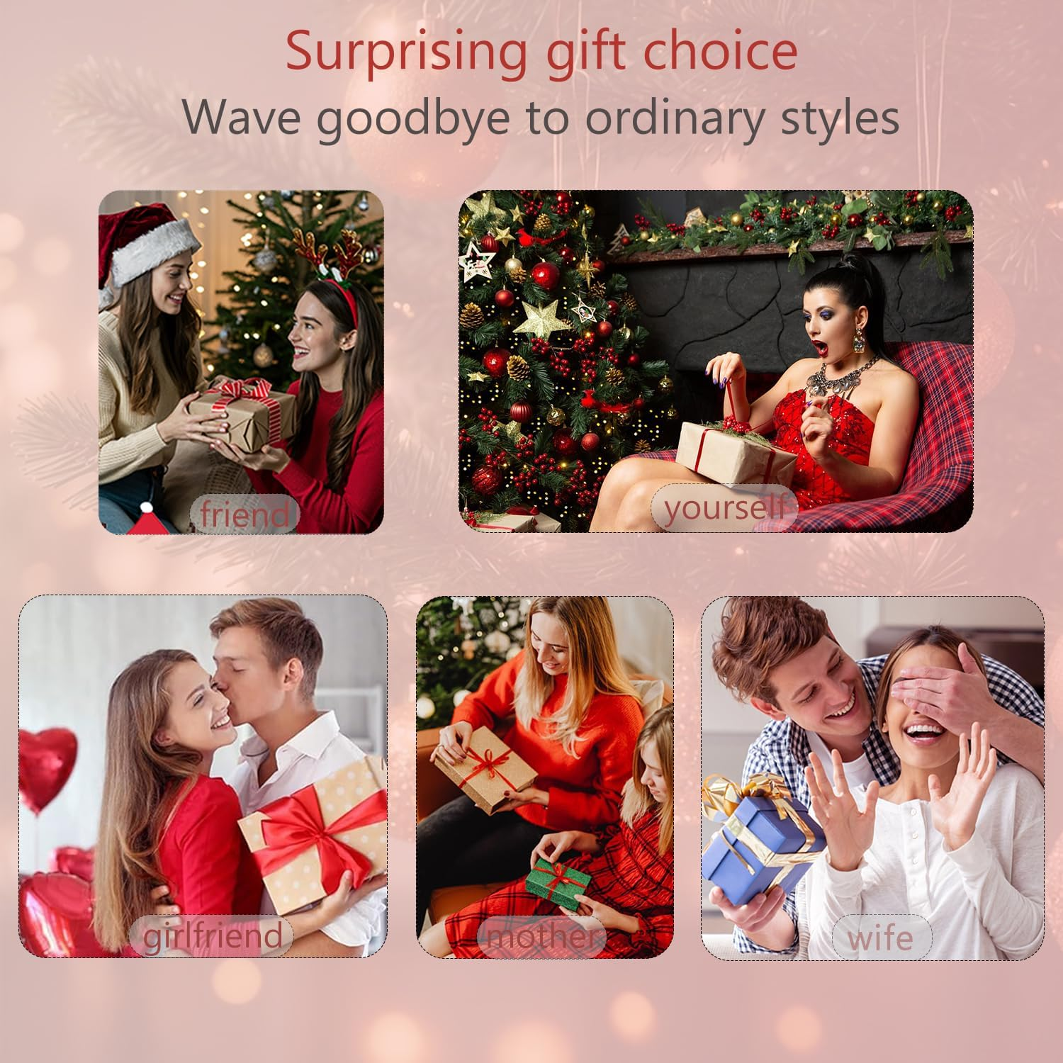 Collage zeigt Menschen beim Schenken, unter anderem mit Weihnachtsbaum und Geschenken.