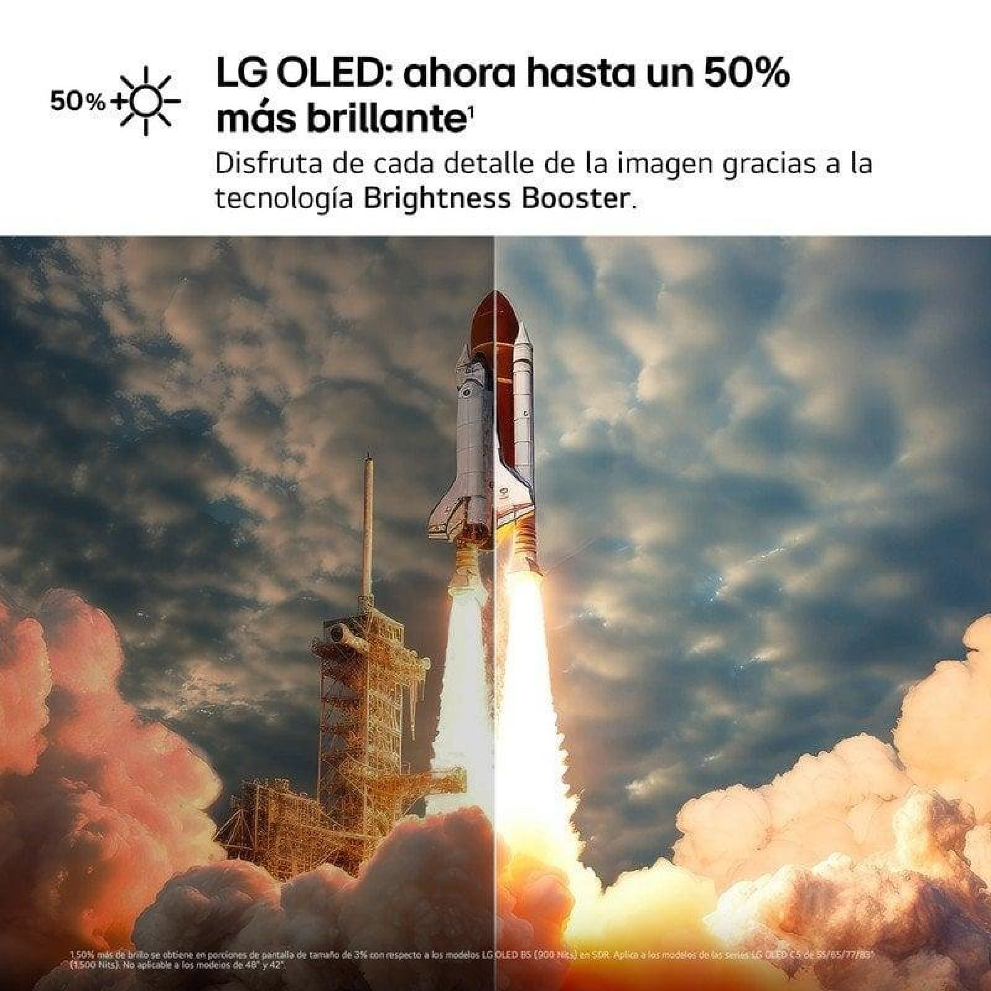 Schermo diviso che mostra un lancio di razzo con immagine OLED più luminosa.