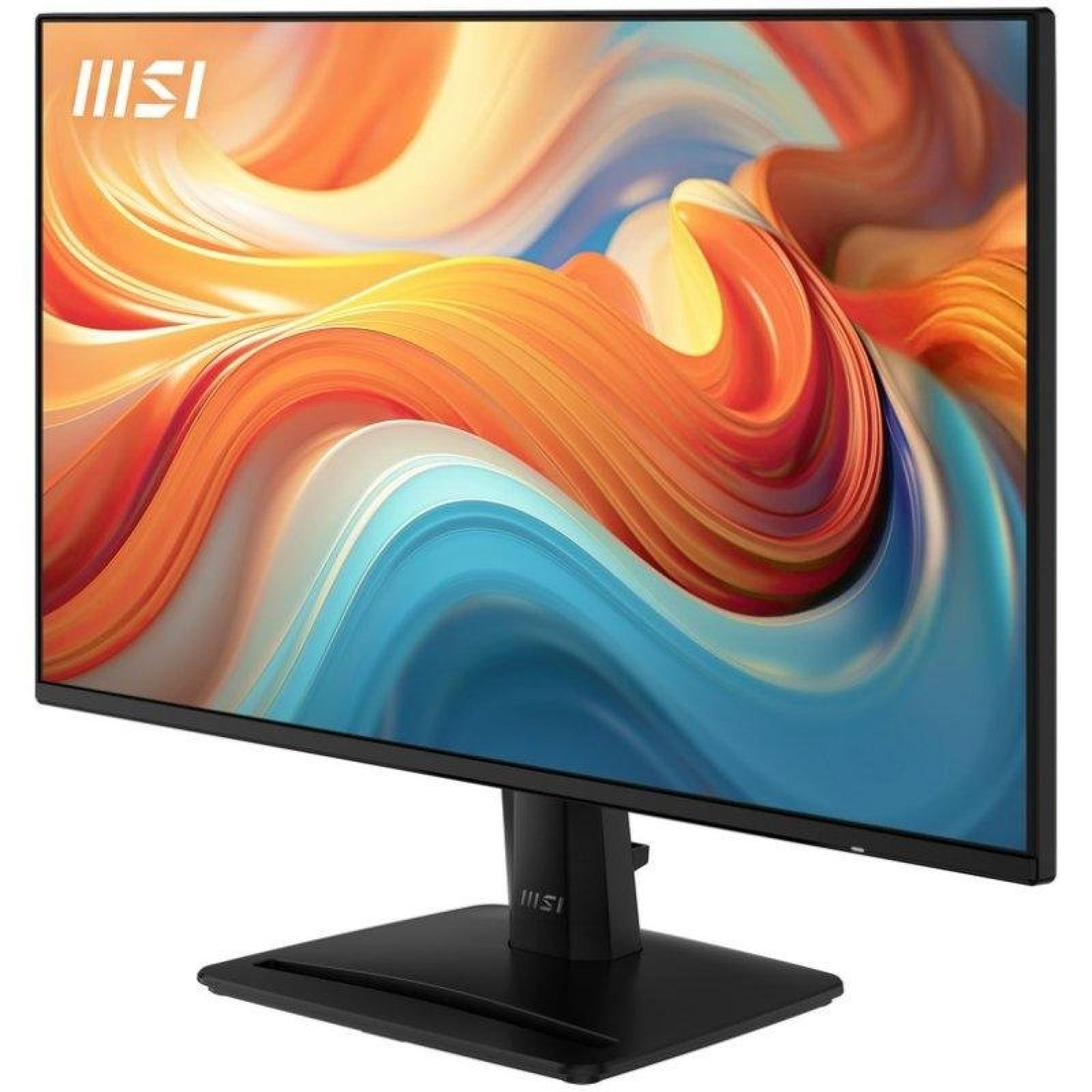 Un monitor MSI che mostra uno sfondo astratto vibrante con onde arancioni, blu e gialle.
