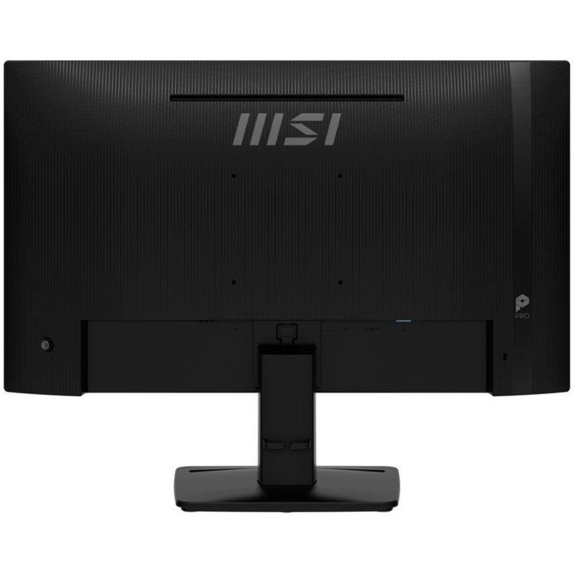 Vista posteriore di un monitor MSI Pro nero con supporto su sfondo bianco.