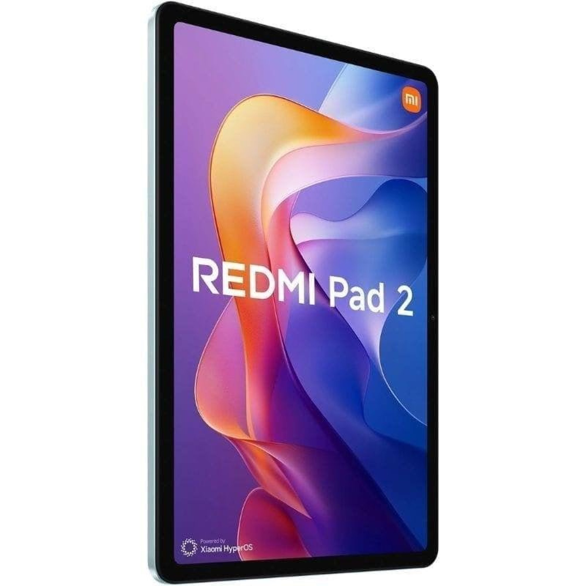 Tablet Redmi Pad 2 mostrato di sbieco, con uno sfondo astratto colorato e del testo.