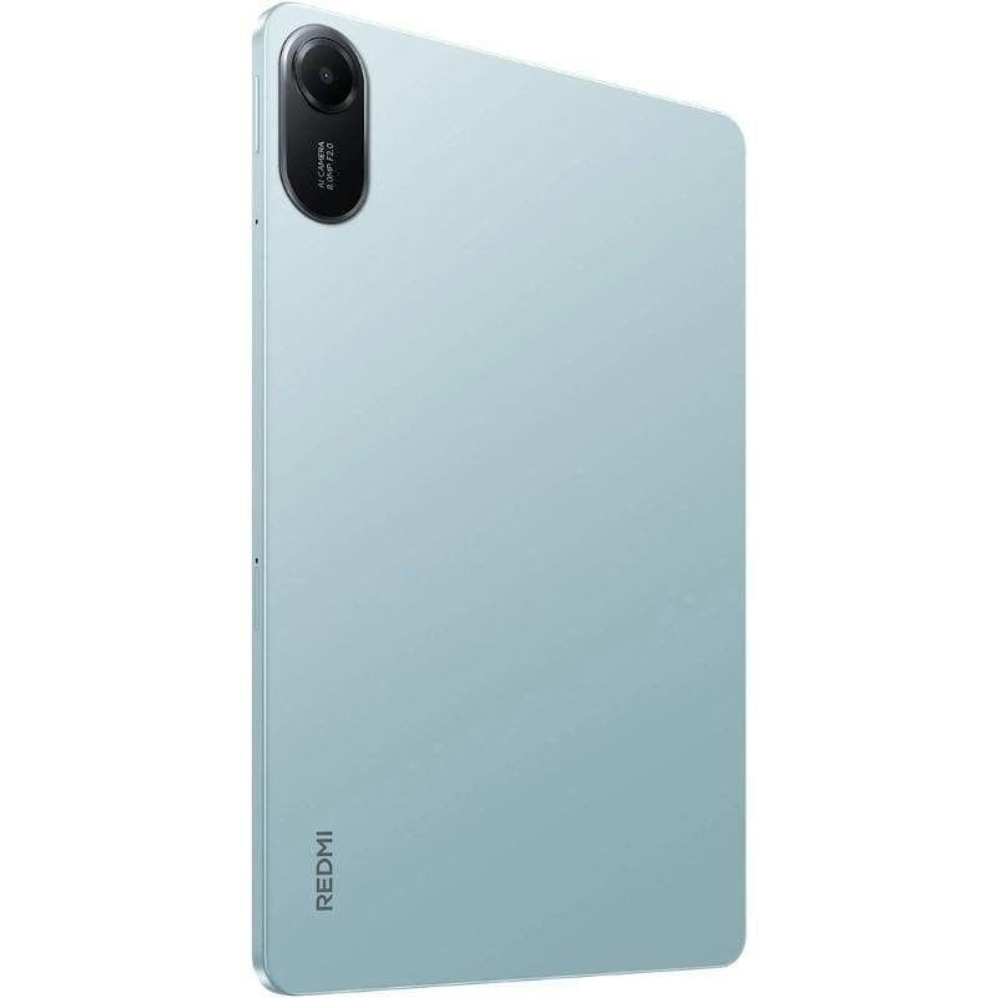 Un tablet Redmi azzurro visto da dietro, con fotocamera posteriore e logo su sfondo bianco.