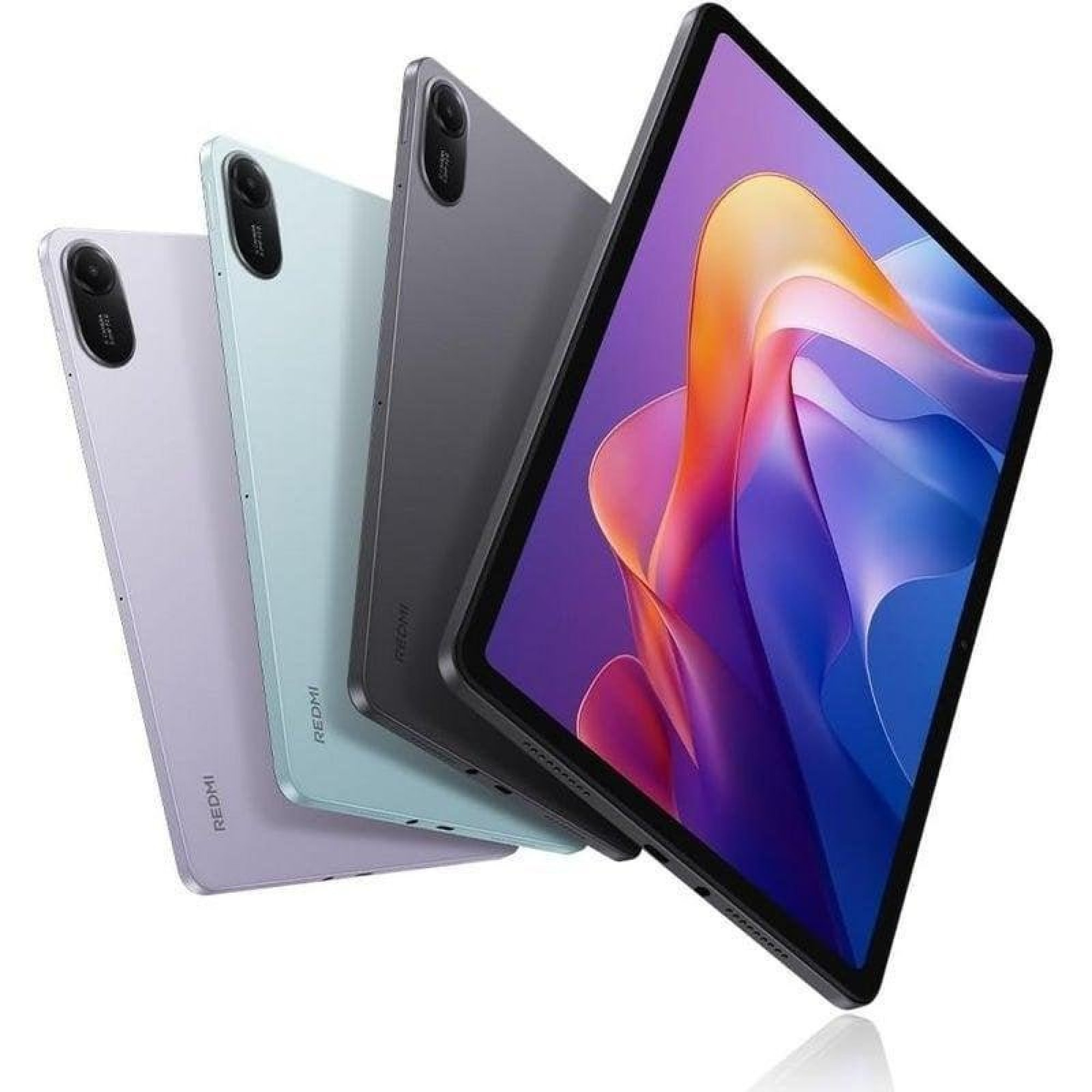 Quattro tablet Redmi in viola, azzurro, grigio e nero, con uno sfondo colorato, disposti su sfondo chiaro.