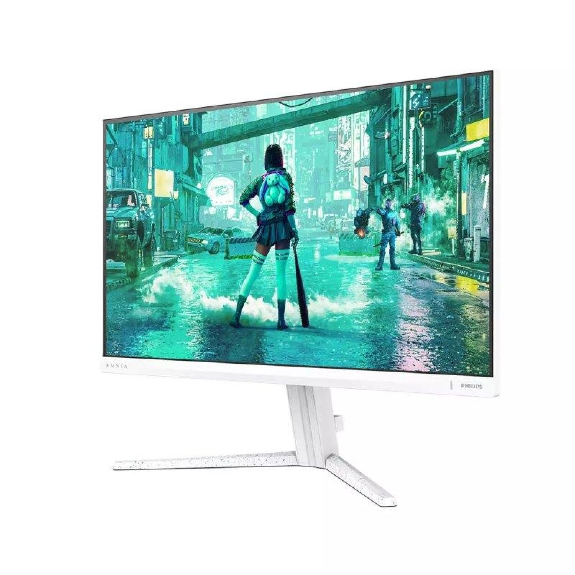 Un monitor da gioco Philips Evnia bianco mostra una scena di strada futurista tinta di verde.