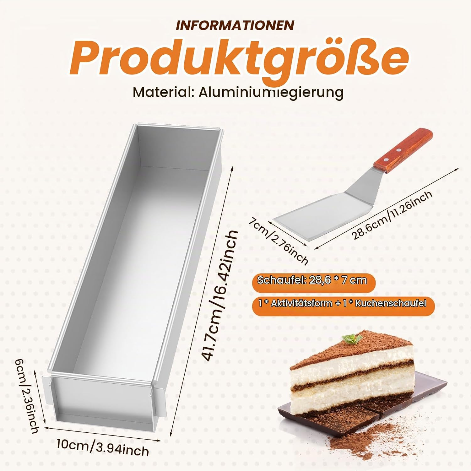 Aluminium-Backform mit Spatel und Maßen, daneben ein Kuchenstück.