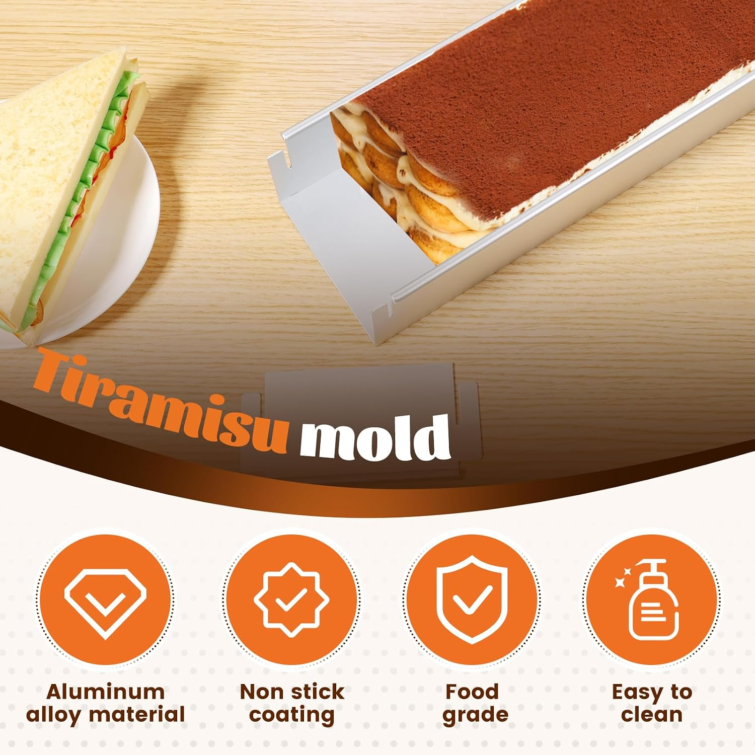 Tiramisu in Aluminiumform auf Holztisch, daneben ein Sandwich, mit Icons für Eigenschaften.