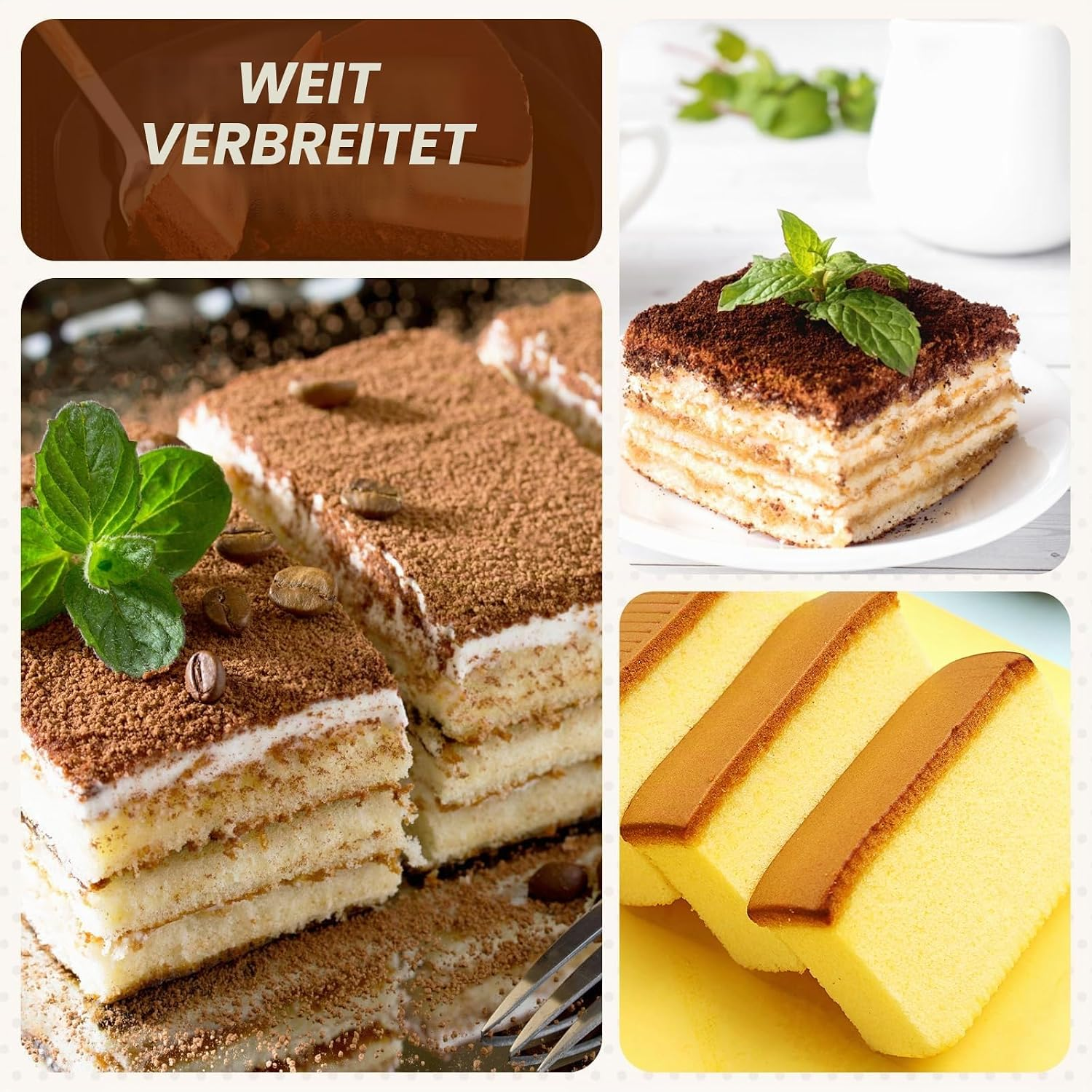Collage mit Tiramisu-Stücken mit Kakaopulver, Kaffeebohnen, Minze und Biskuitkuchen.