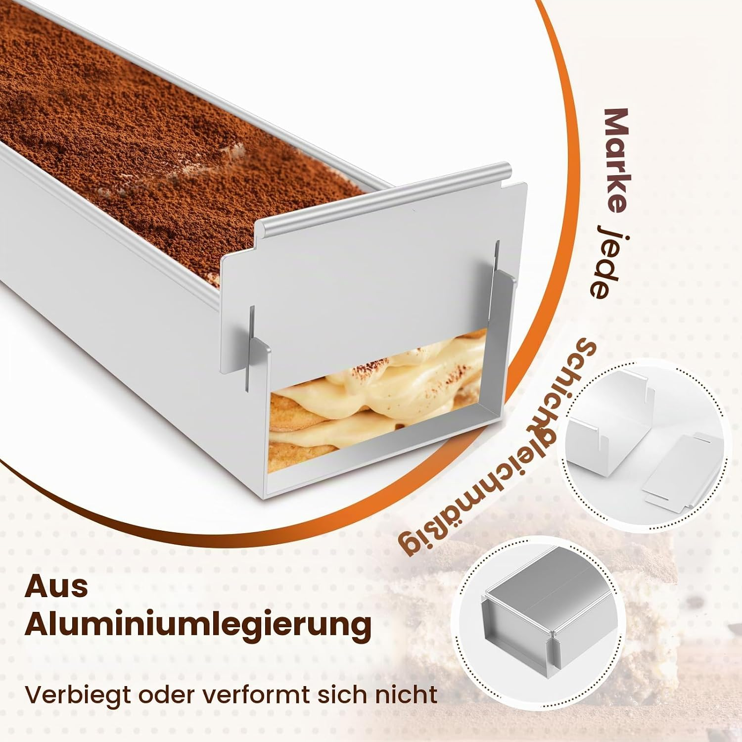 Aluminium Tiramisuform mit abnehmbaren Enden, gefüllt mit geschichtetem Dessert und Kakaopulver.