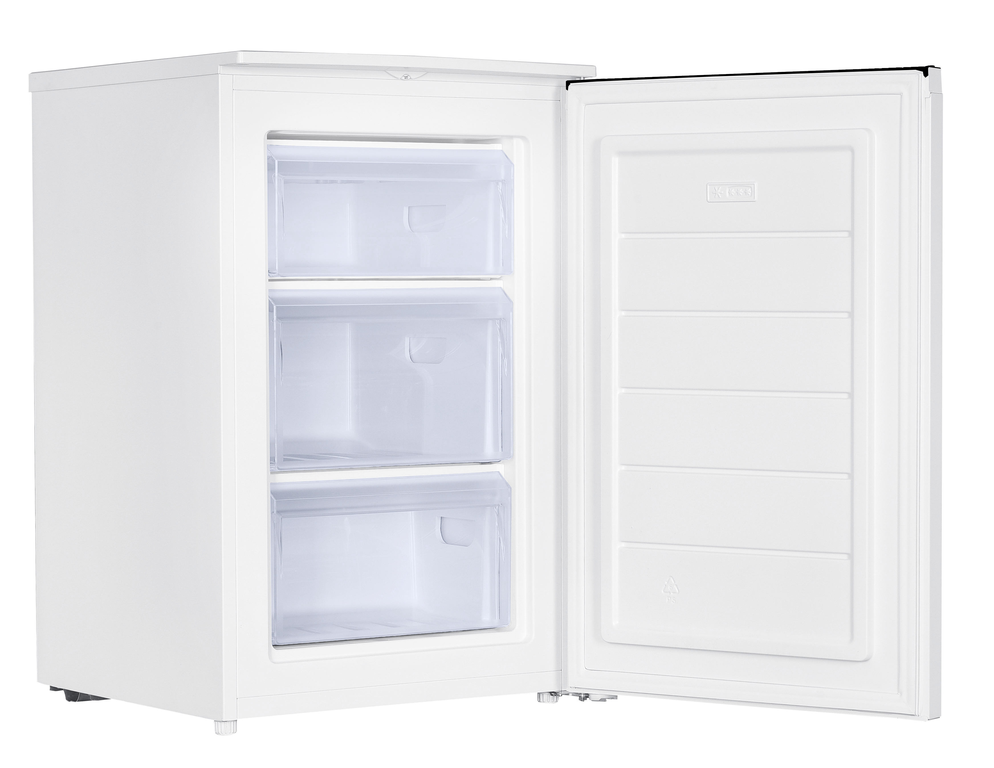 Un congélateur blanc avec une porte ouverte montrant trois tiroirs transparents sur fond blanc.