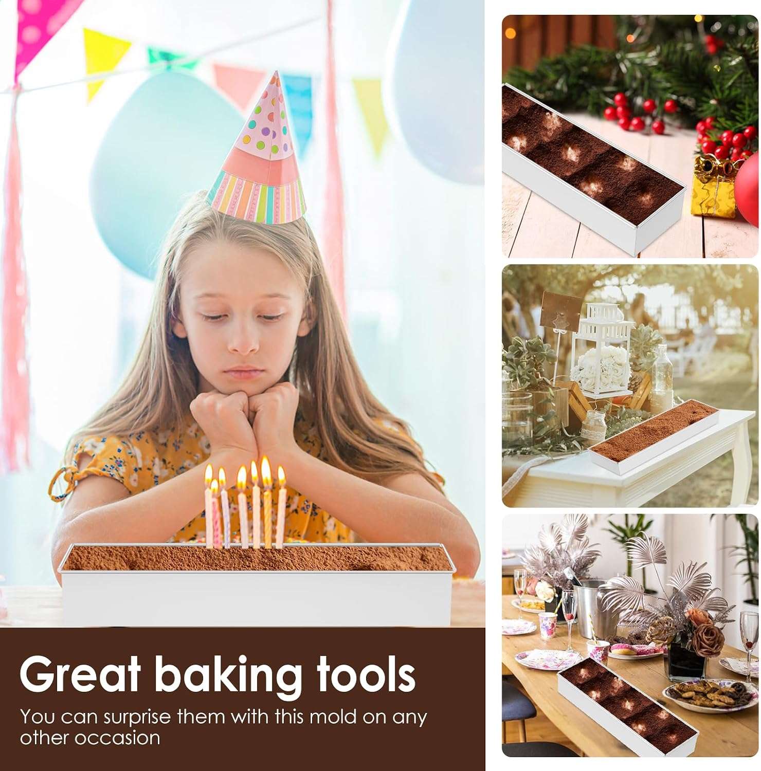 Eingeherndes Produktbild mit einem Mädchen mit Partyhut vor einem langen Kuchen und weiteren Serviervorschlägen.