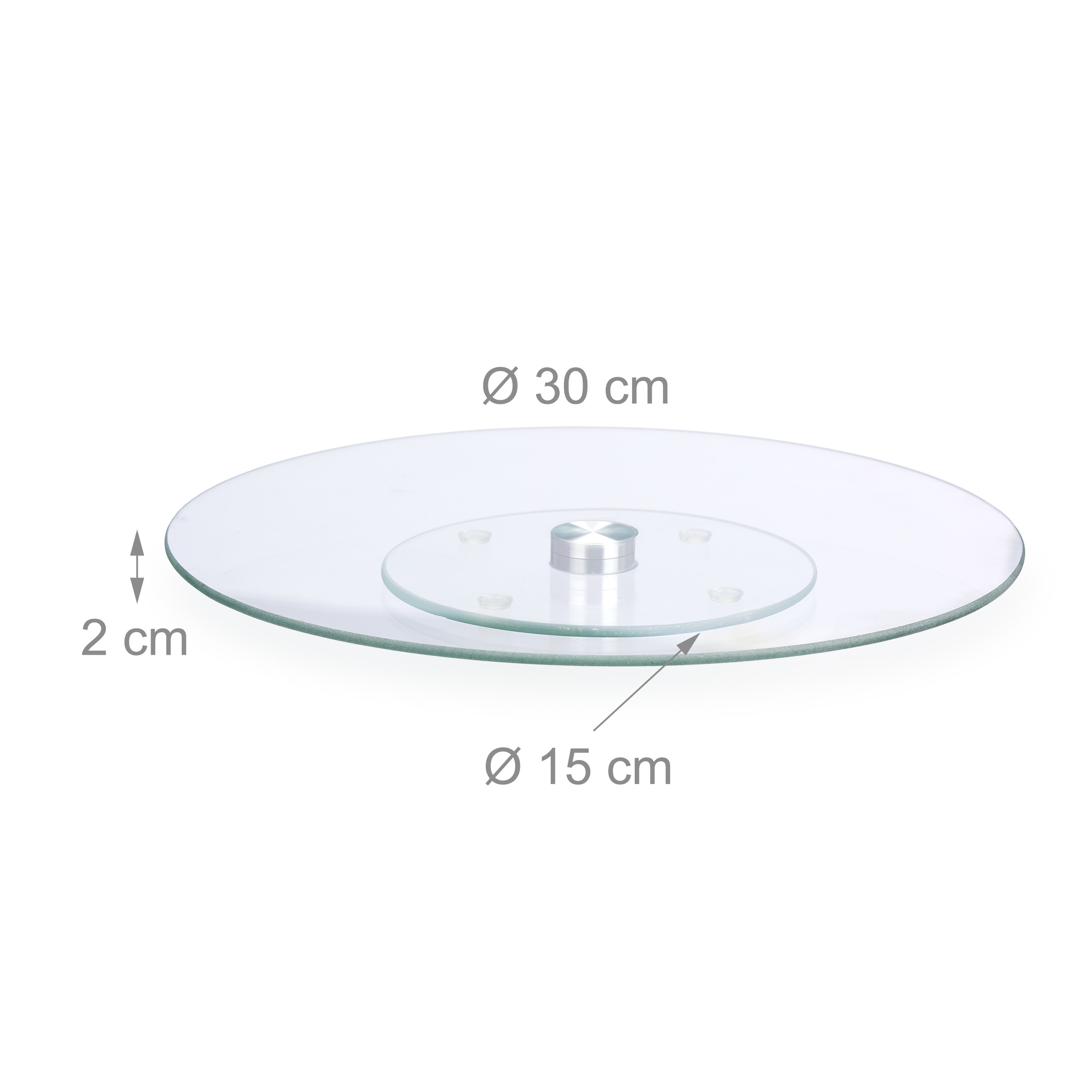 Ein runder Glas-Drehteller mit den Maßen: 30 cm Durchmesser, 15 cm Innenbasis und 2 cm Höhe.