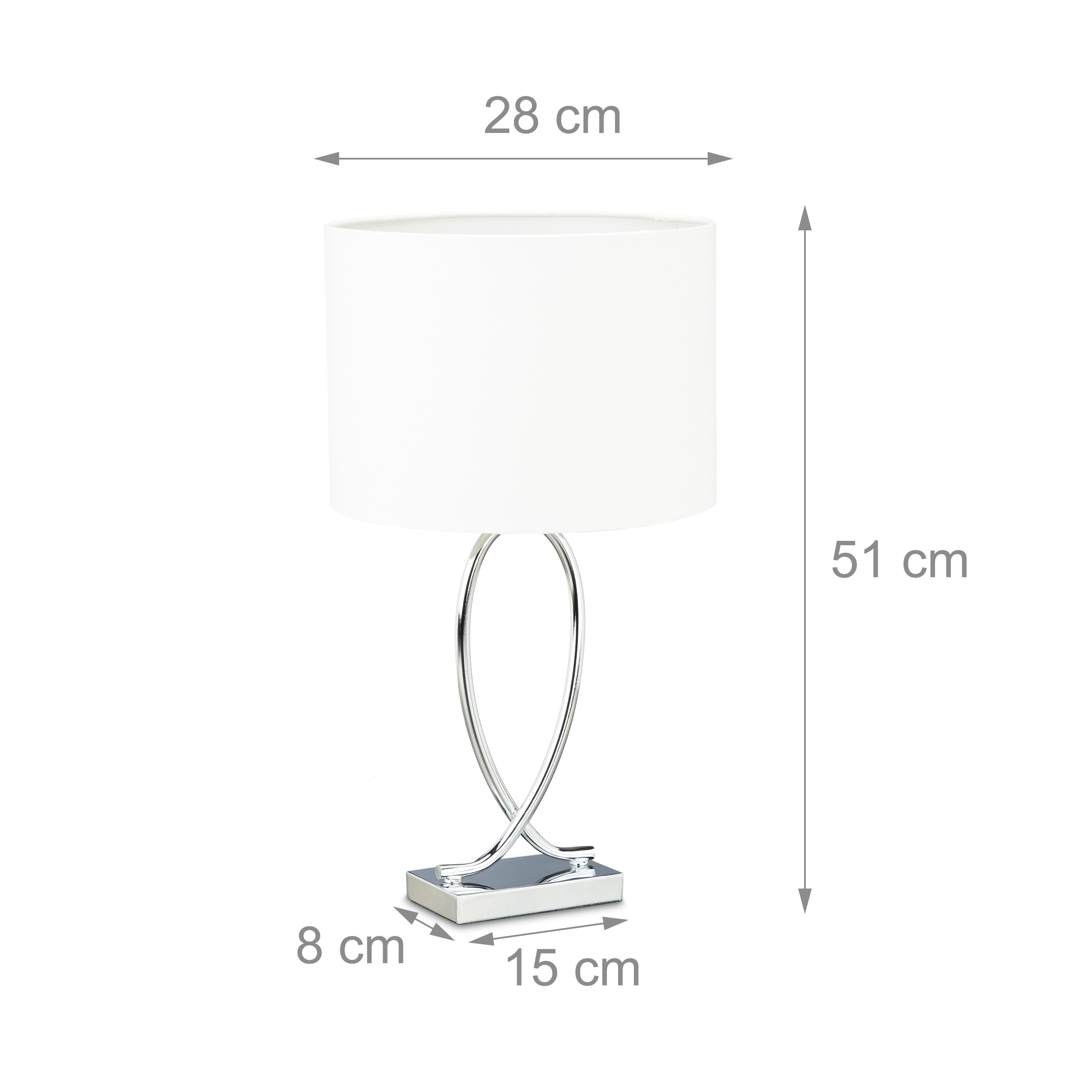 Tischlampe mit weißem Schirm und geschwungenem Chrom-Fuß, Maße angegeben.