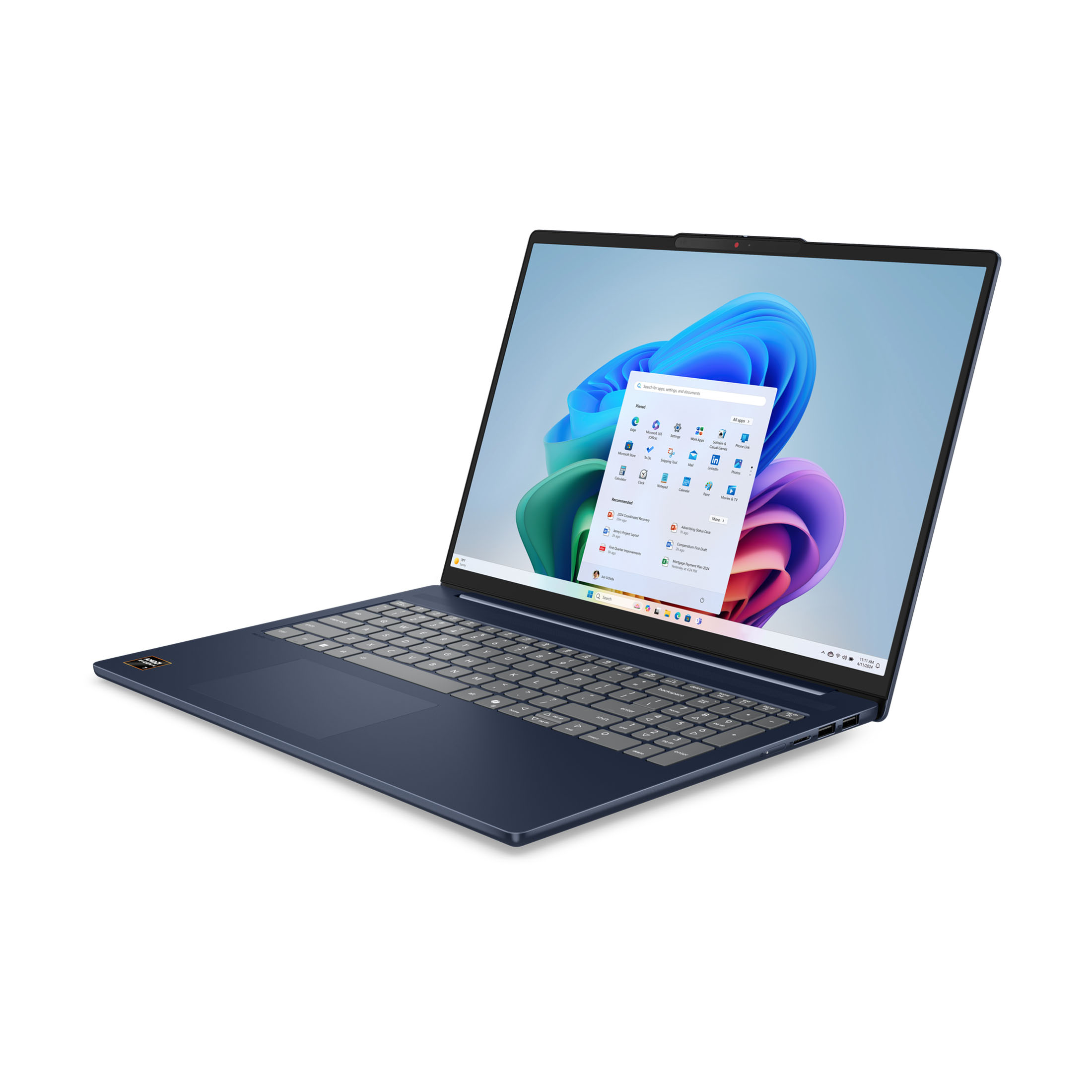 Ein dunkelblauer Laptop mit offenem Bildschirm zeigt einen bunten Windows 11 Desktop auf weißem Hintergrund.