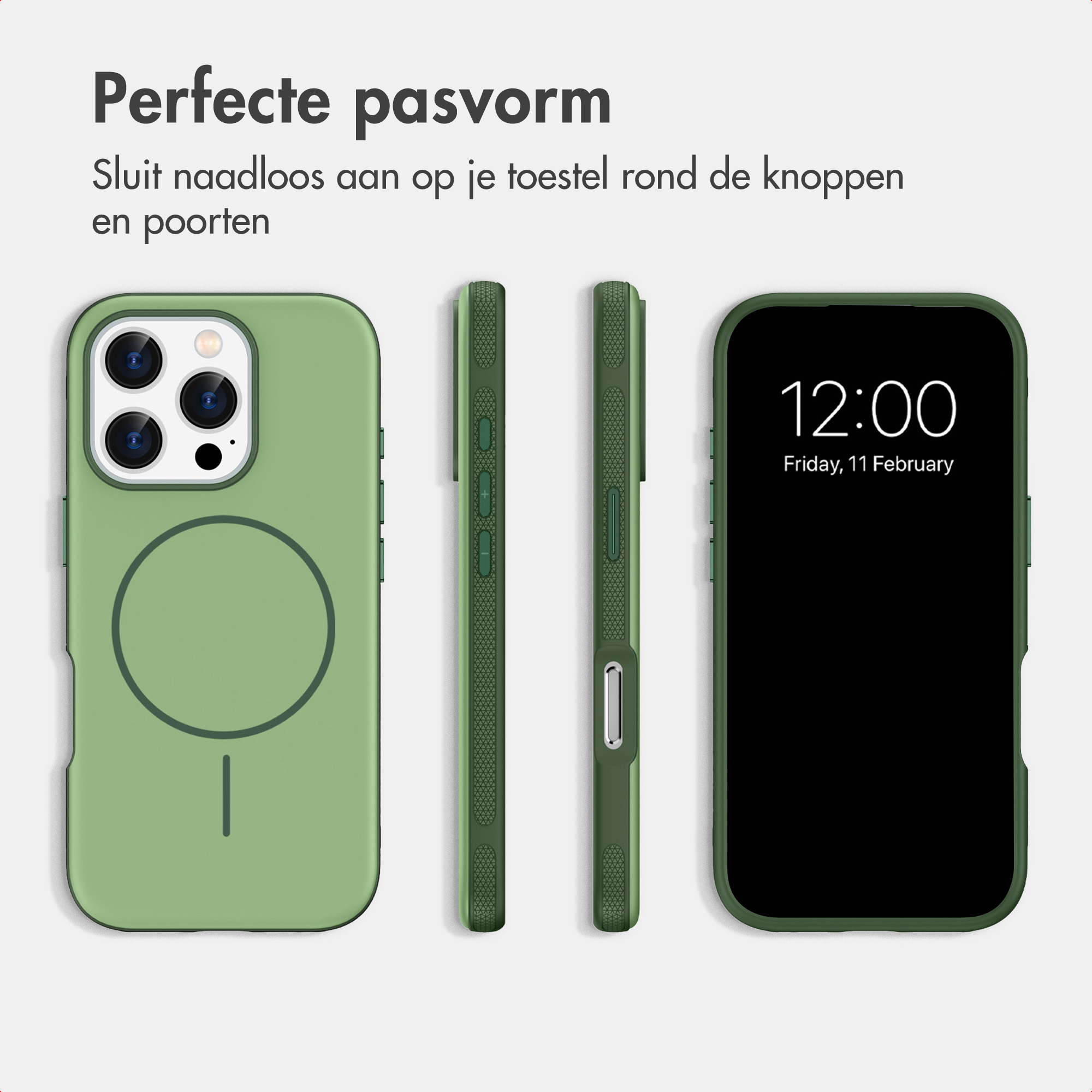 Grüne Schutzhülle für ein Smartphone mit MagSafe-Ring, gezeigt von Vorder-, Rück- und Seitenansicht.