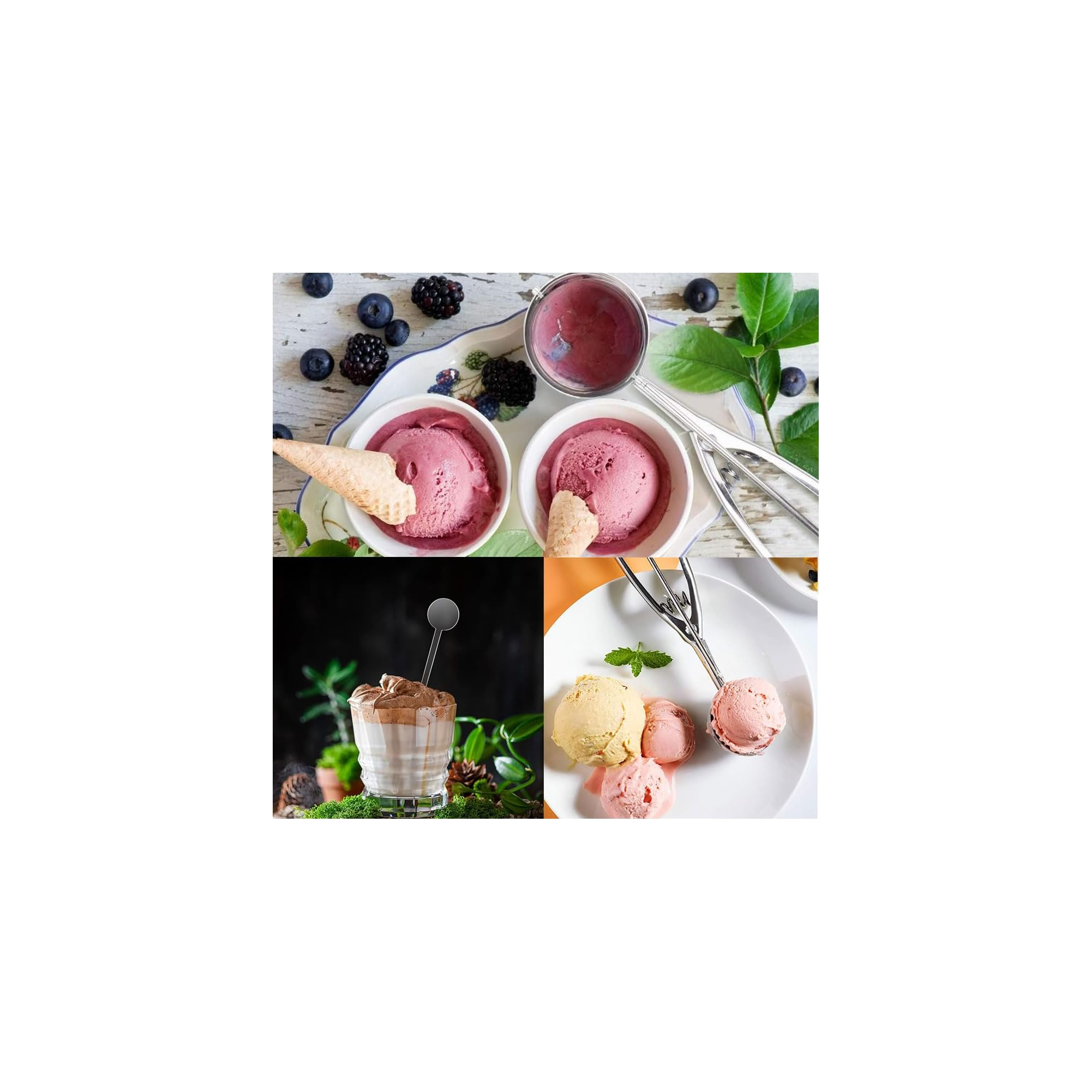 Vier Bilder mit Eiscreme: Himbeereis mit Beeren, ein Glas Kaffee, und Eiskugeln auf einem Teller.