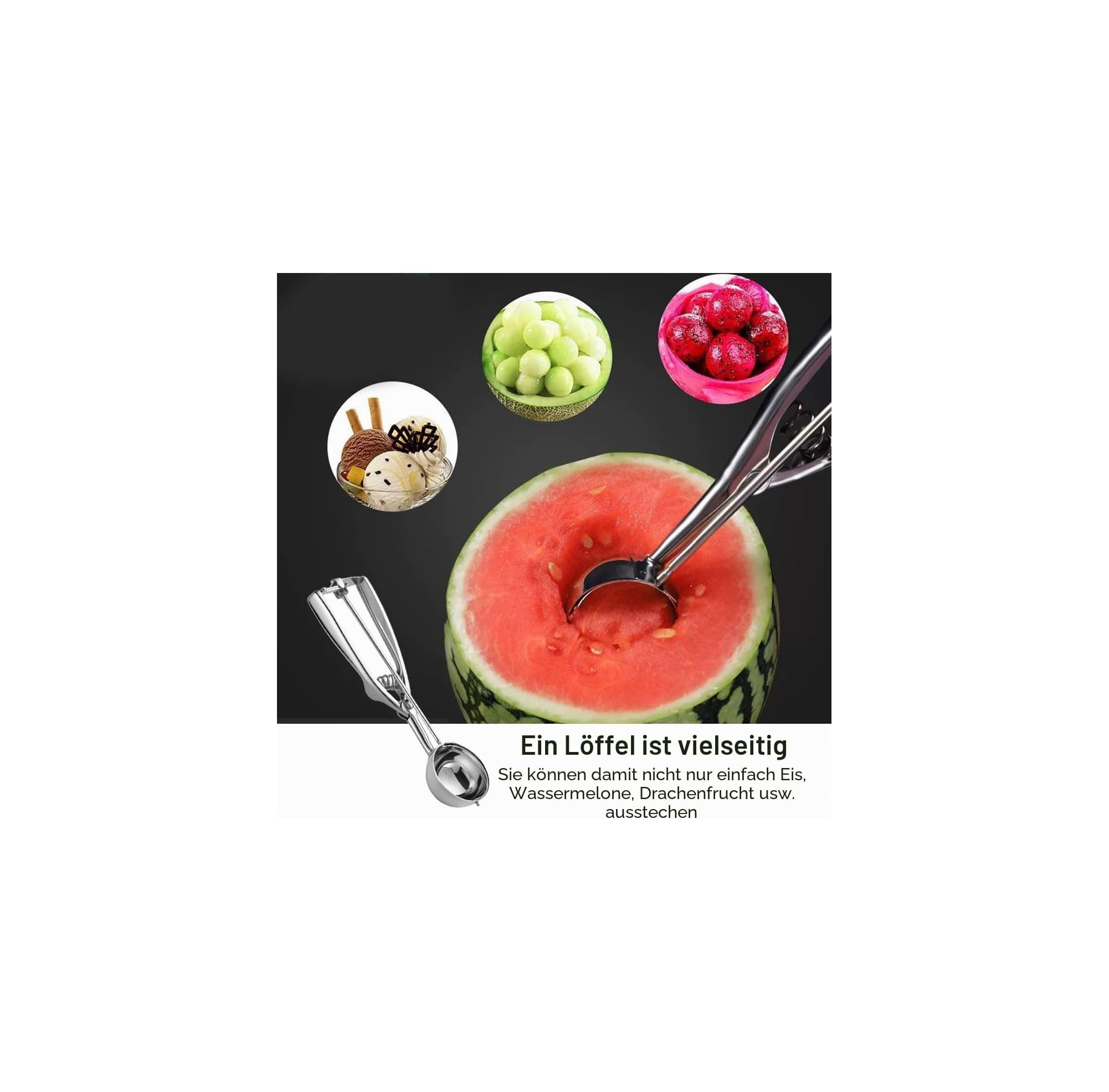 Ein vielseitiger Löffel formt Kugeln aus Eis, Wassermelone und Drachenfrucht.
