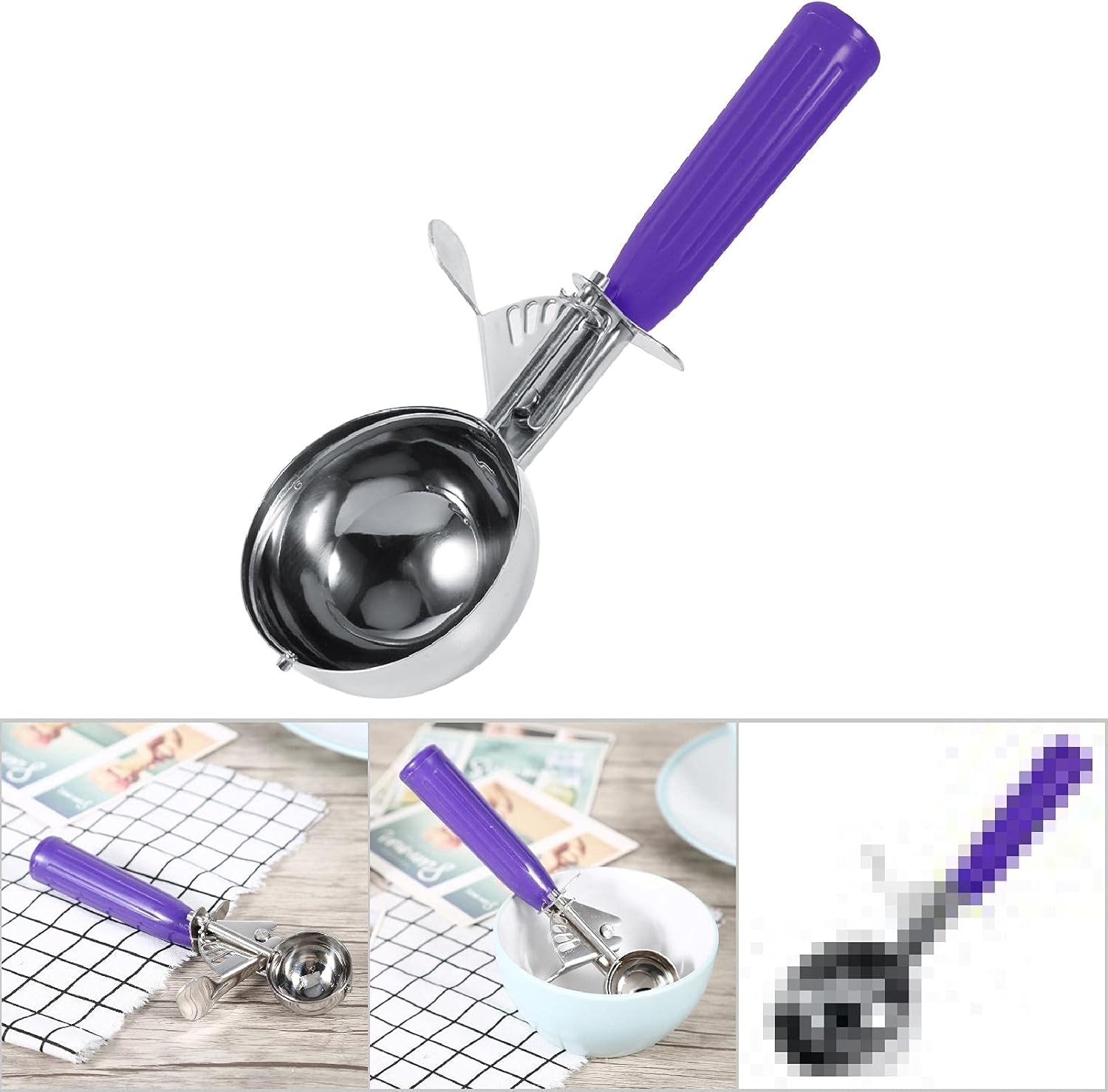 Ein Eiskugelportionierer aus Metall mit violettem Griff und Auslöser, unten mit kleineren Anwendungsbeispielen.