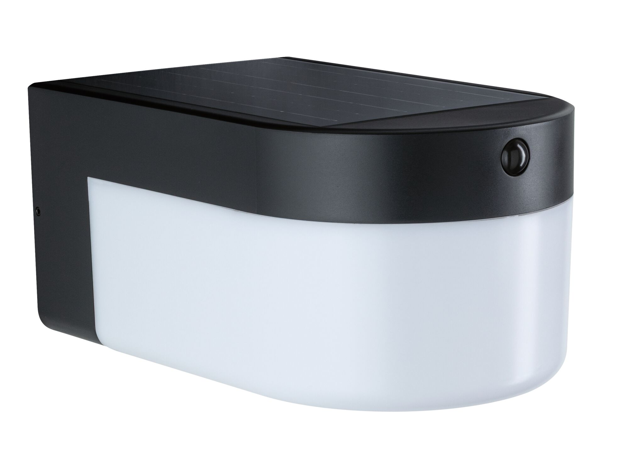 Eine schwarze Wandleuchte mit Solarpanel oben und einem weißen Lampenschirm.