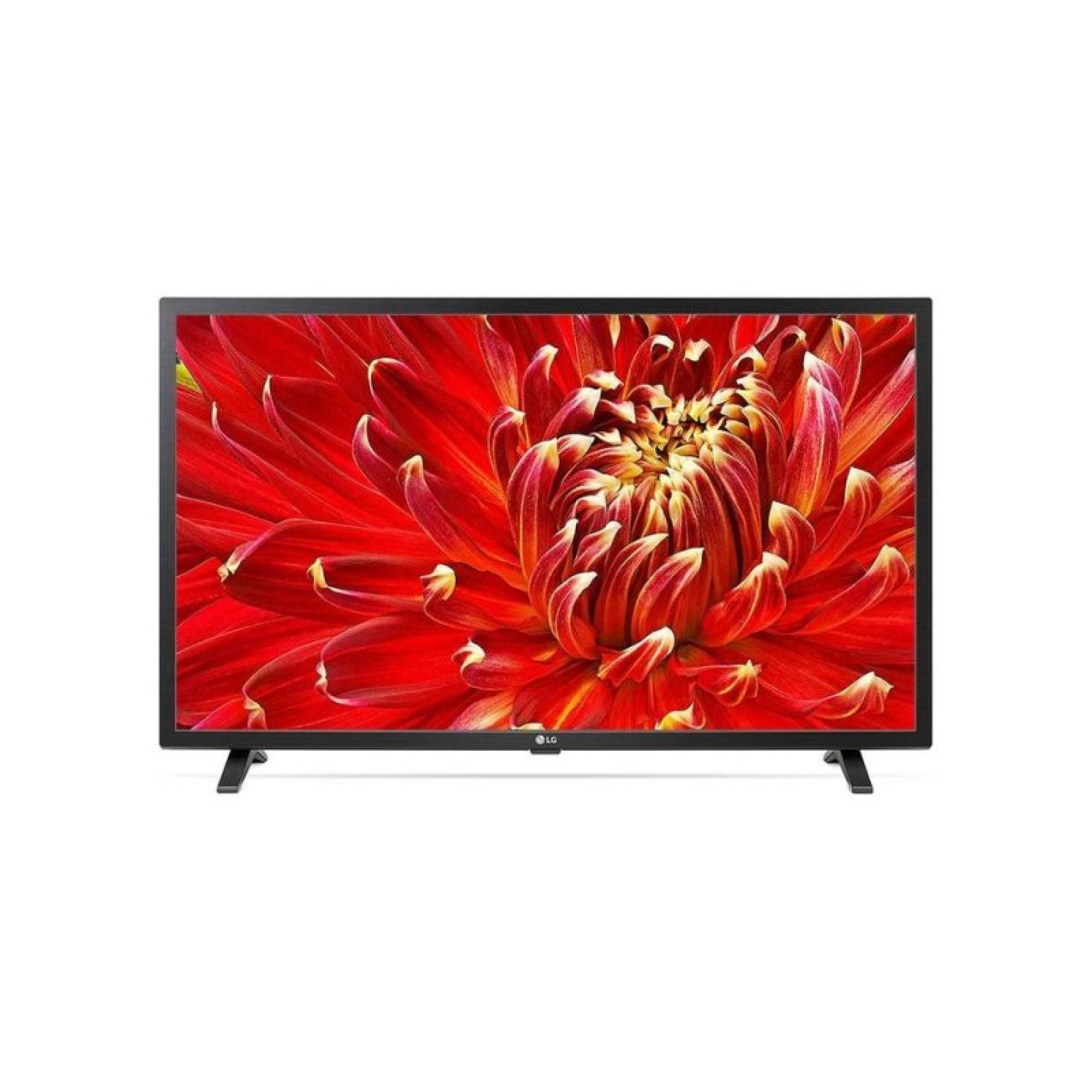 Una TV LG nera mostra un'immagine grande e vibrante di un fiore di dalia rossa sullo schermo, su sfondo bianco.