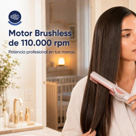 Una donna liscia i suoi lunghi capelli scuri con una piastra per capelli rosa in un bagno luminoso.