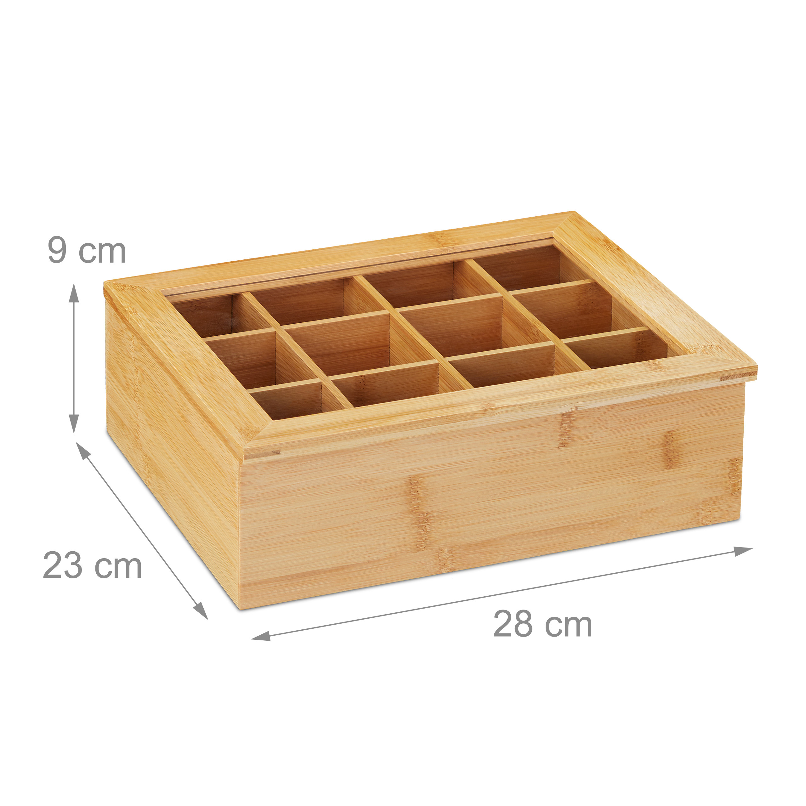 Holz-Teebeutelbox mit 12 Fächern und Maßen 28x23x9 cm vor weißem Hintergrund.