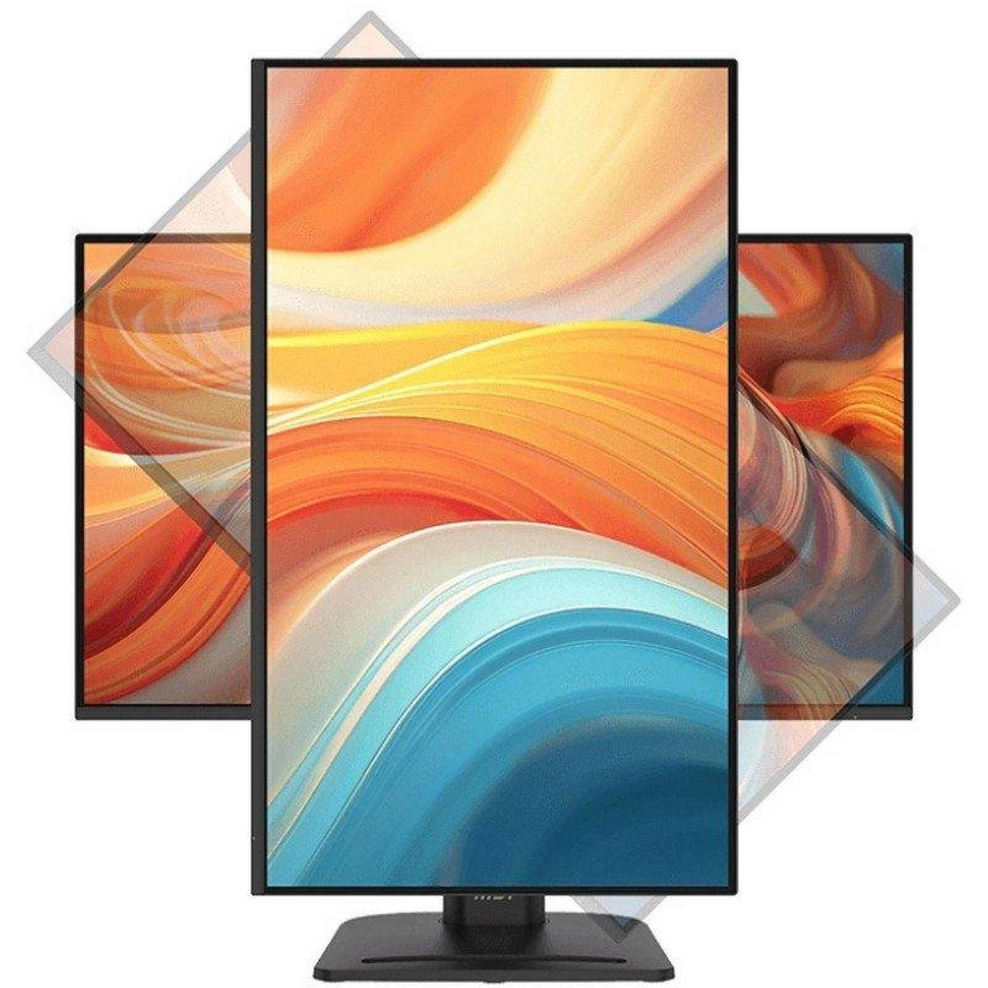 Un monitor di computer nero rotante che mostra uno sfondo astratto colorato.